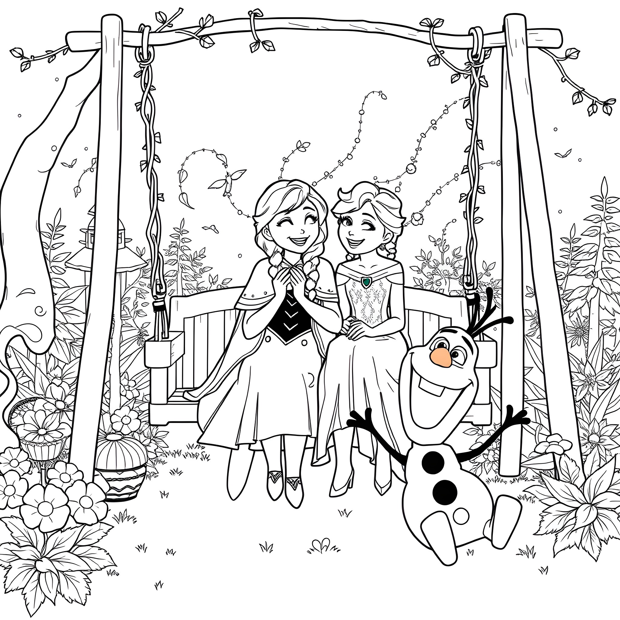 Anna and Elsa enjoying a peaceful day in the garden Coloring Page (free black-and-white line drawing printable PDF for all, from beginners to advanced learners, including children, teens, adults, and seniors)