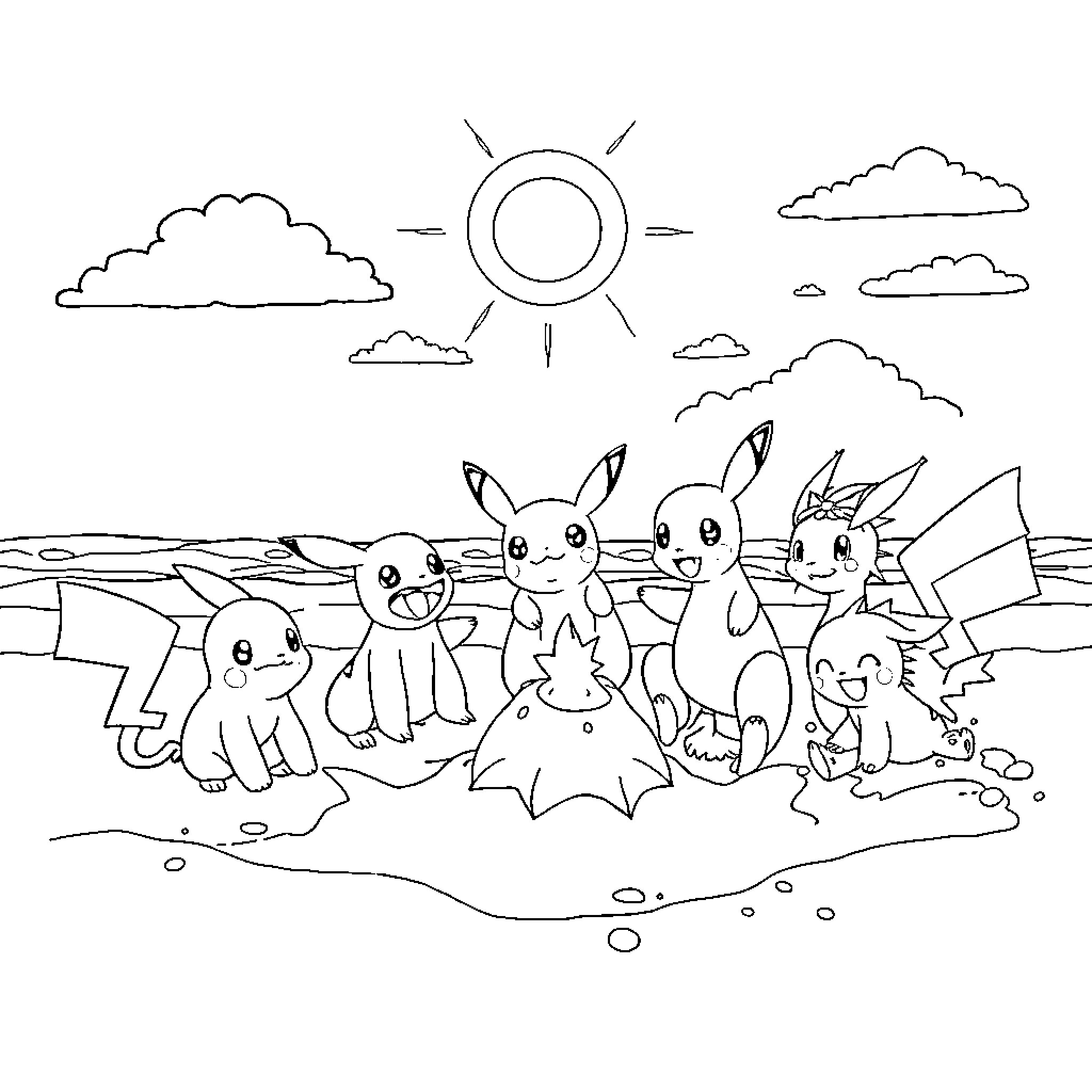 Pokémon characters playing in the outdoor scene Coloring Page (free black-and-white line drawing printable PDF for all, from beginners to advanced learners, including children, teens, adults, and seniors)