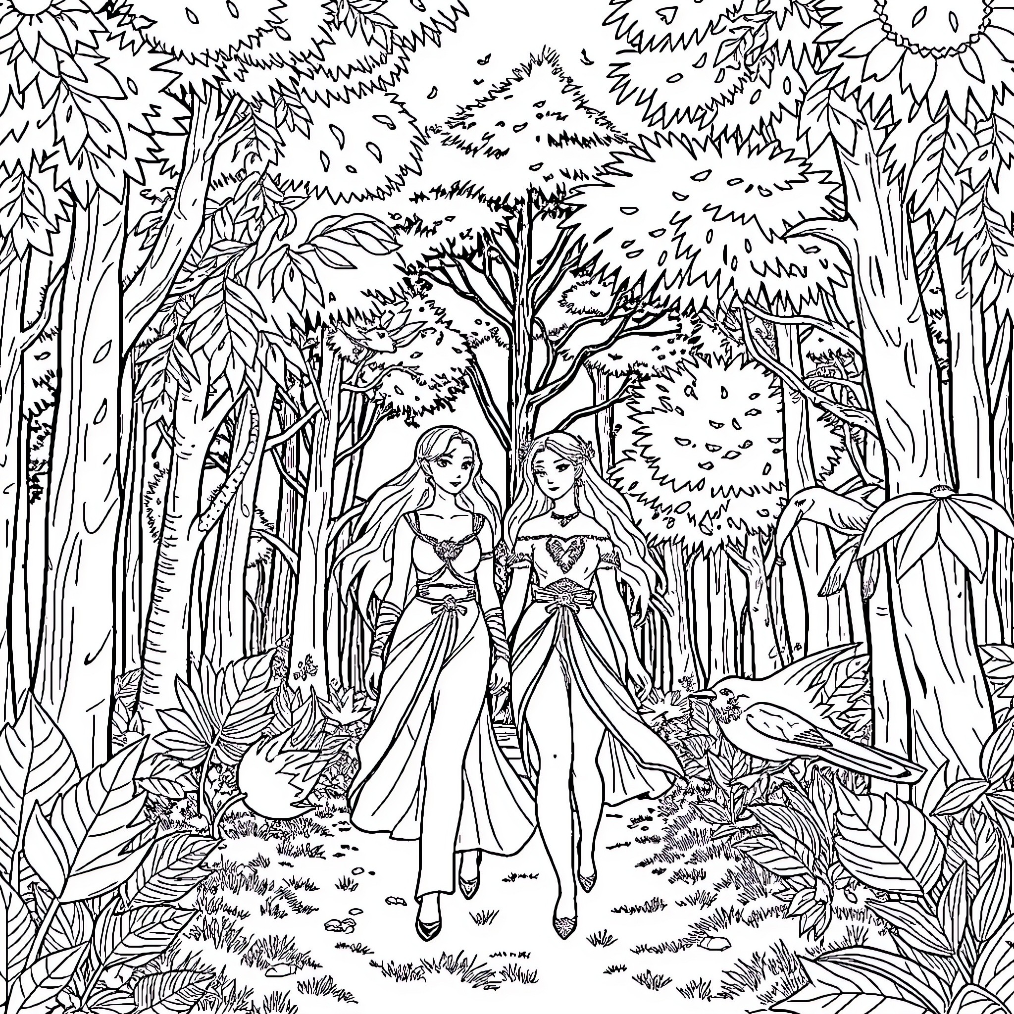 Sophia's Forest Adventure with Friends Coloring Page (free black-and-white line drawing printable PDF for all, from beginners to advanced learners, including children, teens, adults, and seniors)