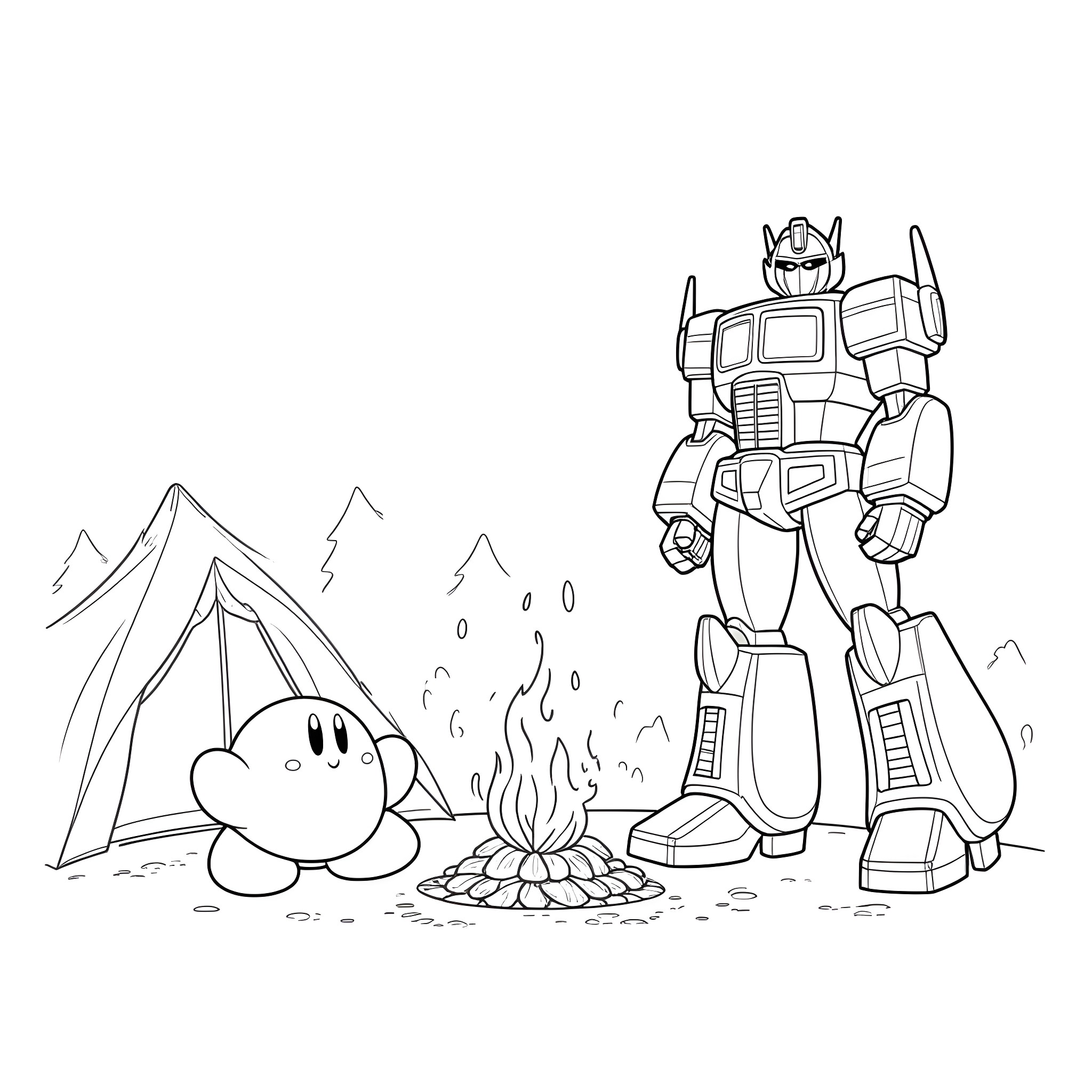 Kirby camping with robot friend near mountains Coloring Page (free black-and-white line drawing printable PDF for all, from beginners to advanced learners, including children, teens, adults, and seniors)