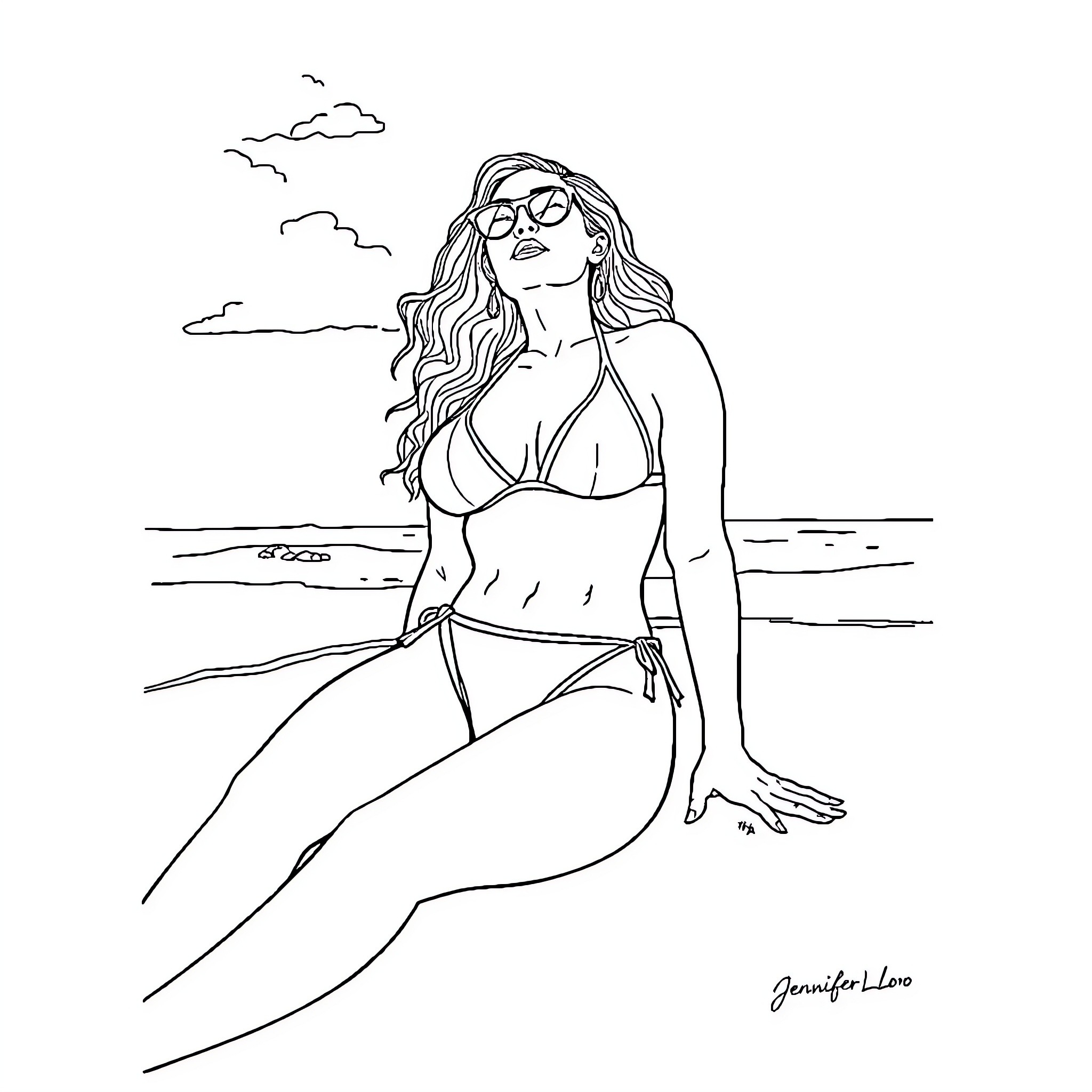 Jennifer Lopez relaxing in a beach setting Coloring Page (free black-and-white line drawing printable PDF for all, from beginners to advanced learners, including children, teens, adults, and seniors)