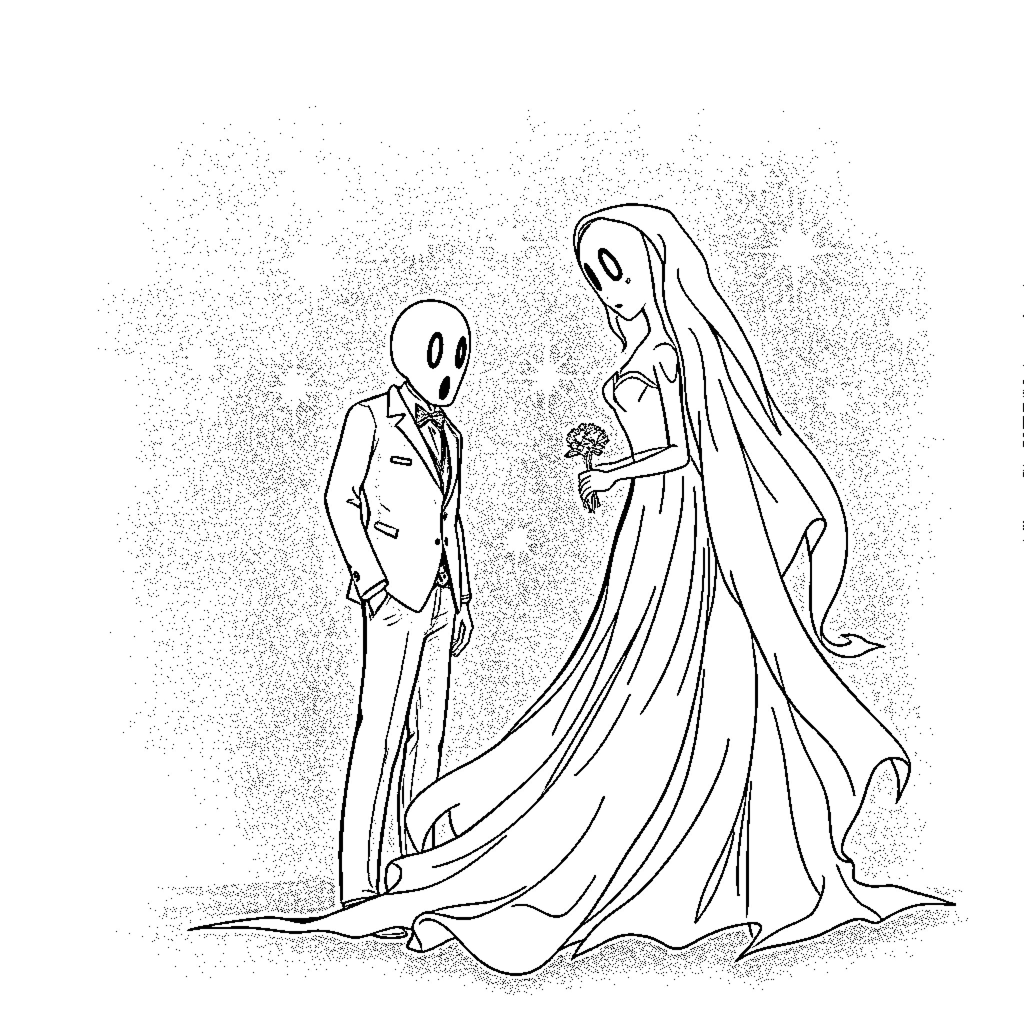 Ghost couple in ethereal wedding attire Coloring Page (free black-and-white line drawing printable PDF for all, from beginners to advanced learners, including children, teens, adults, and seniors)