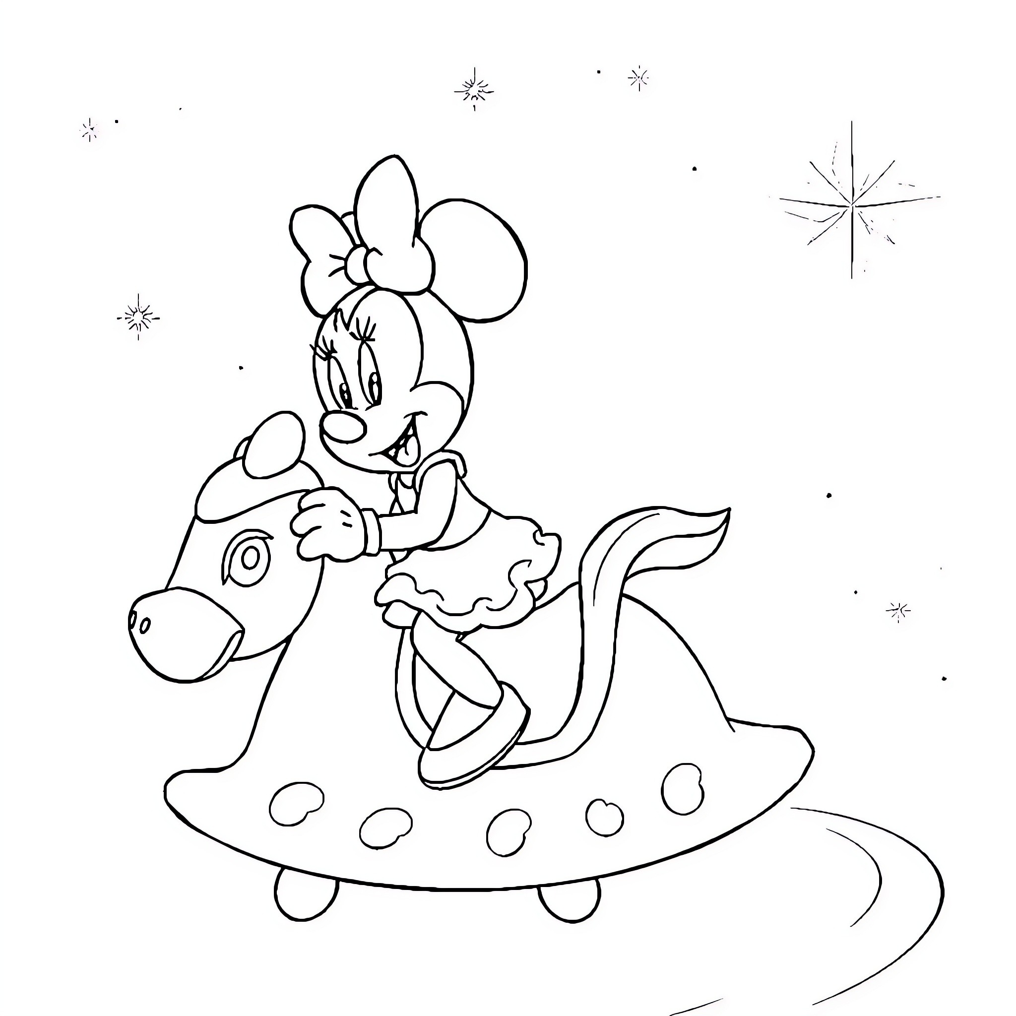 Minnie Baby riding a friendly spotted creature Coloring Page (free black-and-white line drawing printable PDF for all, from beginners to advanced learners, including children, teens, adults, and seniors)