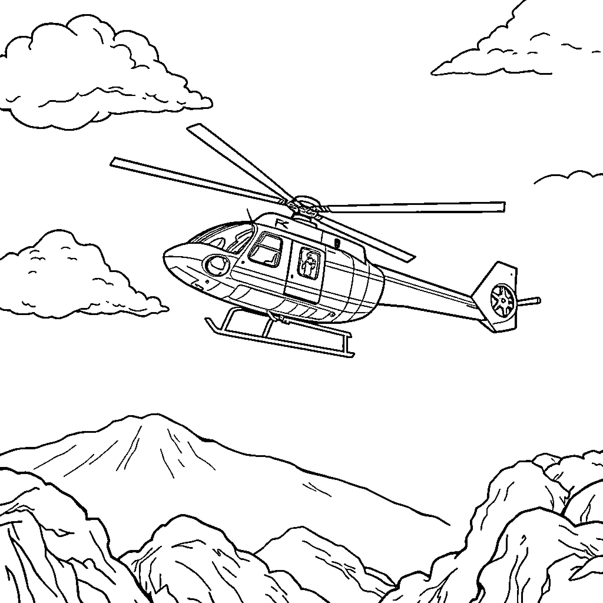 Helicopter soaring over rugged mountain landscape Coloring Page (free black-and-white line drawing printable PDF for all, from beginners to advanced learners, including children, teens, adults, and seniors)