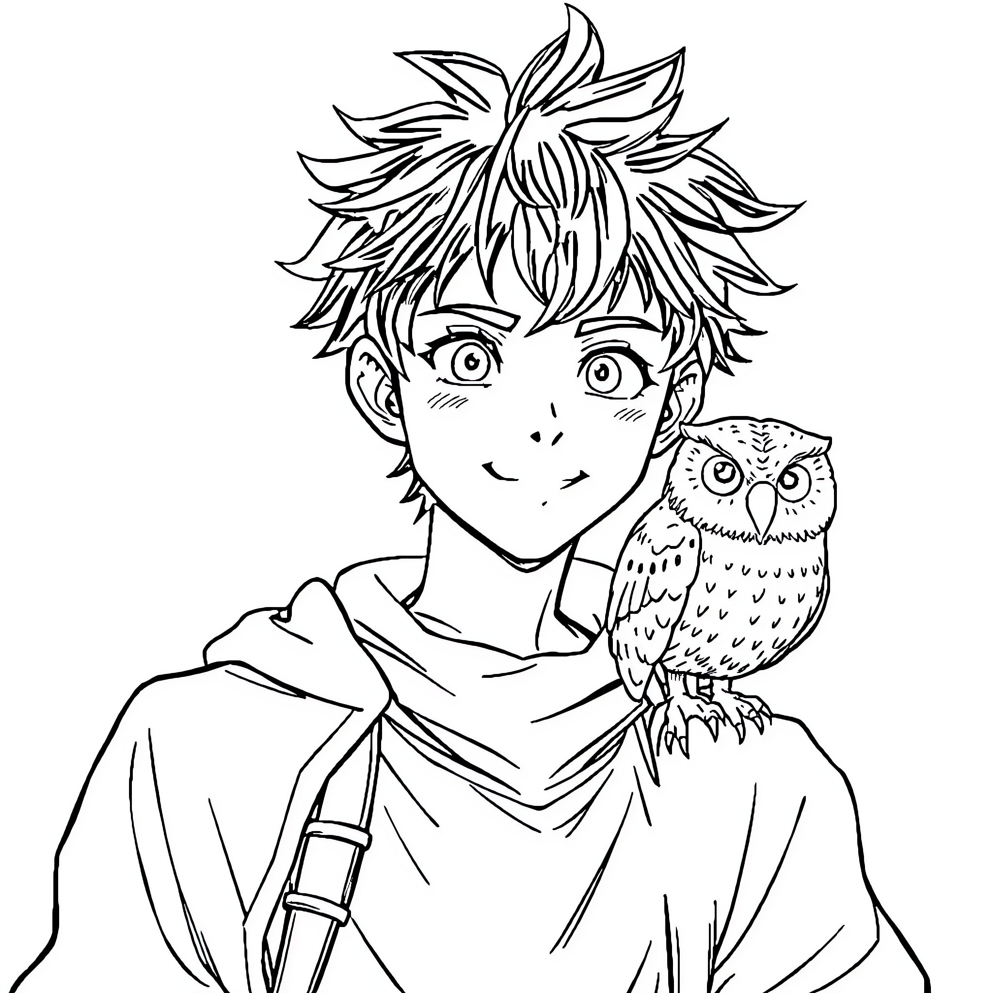 Wizard boy with a pet owl Coloring Page (free black-and-white line drawing printable PDF for all, from beginners to advanced learners, including children, teens, adults, and seniors)