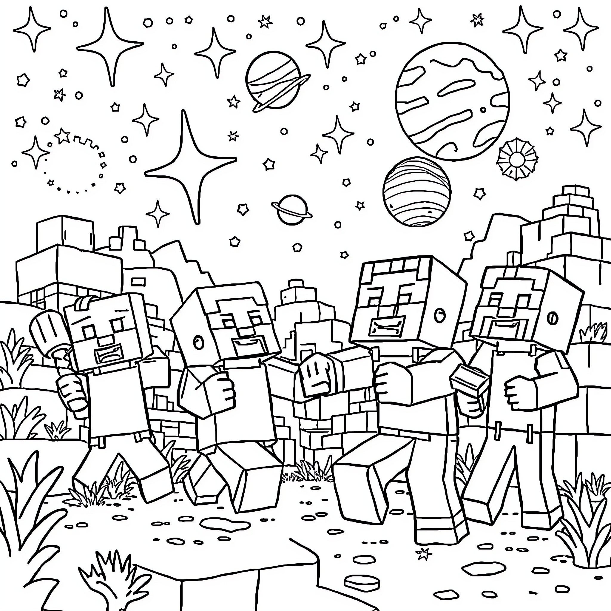 Minecraft Character Exploring Fantastic Space Landscape Coloring Page (free black-and-white line drawing printable PDF for all, from beginners to advanced learners, including children, teens, adults, and seniors)