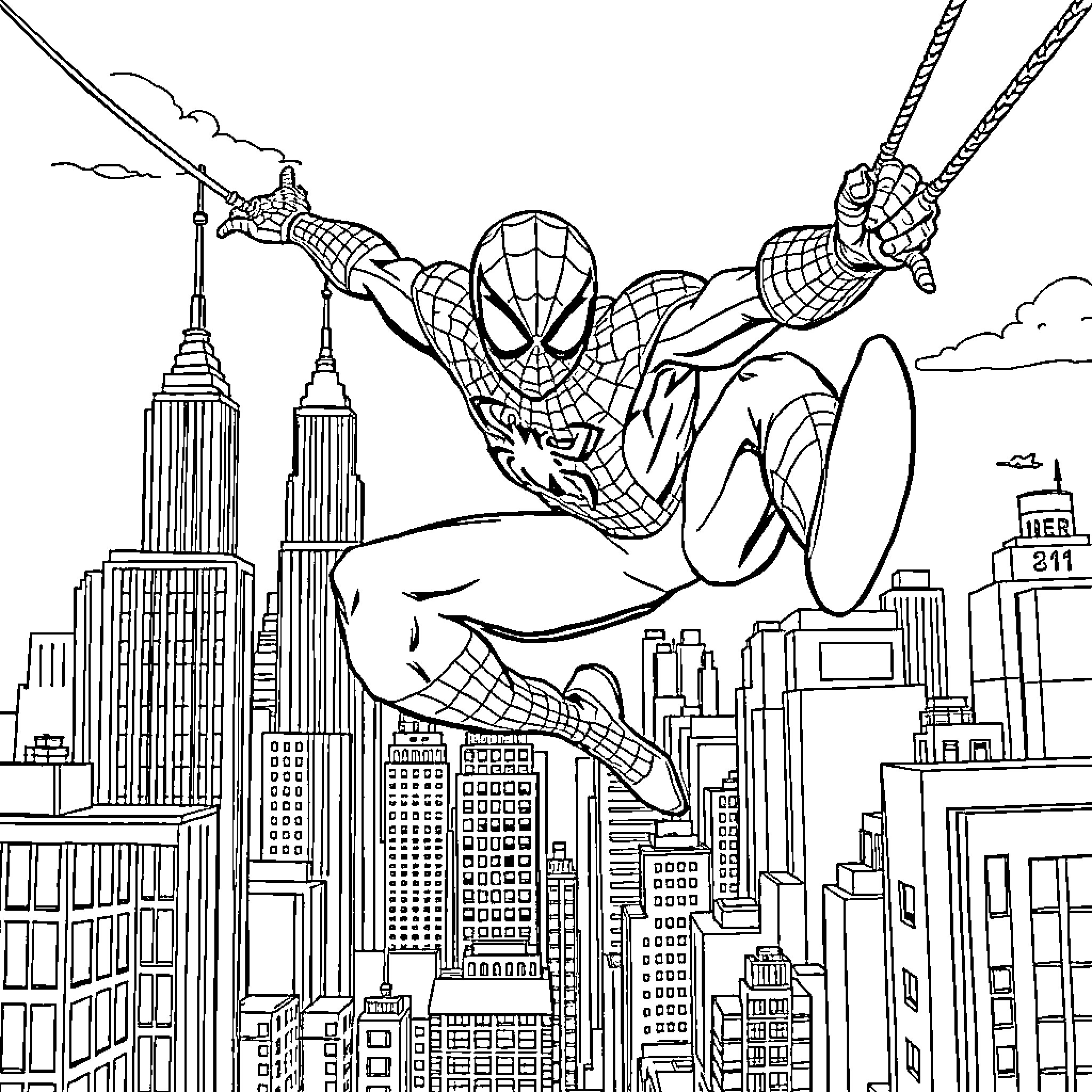 Spidey swinging heroically through the city skyline Coloring Page (free black-and-white line drawing printable PDF for all, from beginners to advanced learners, including children, teens, adults, and seniors)