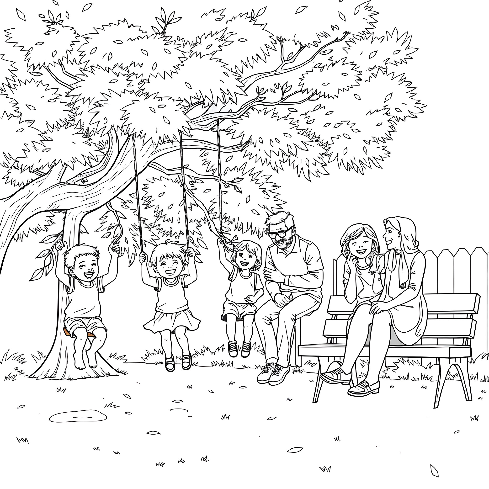 Child playing joyfully on swings in the park Coloring Page (free black-and-white line drawing printable PDF for all, from beginners to advanced learners, including children, teens, adults, and seniors)