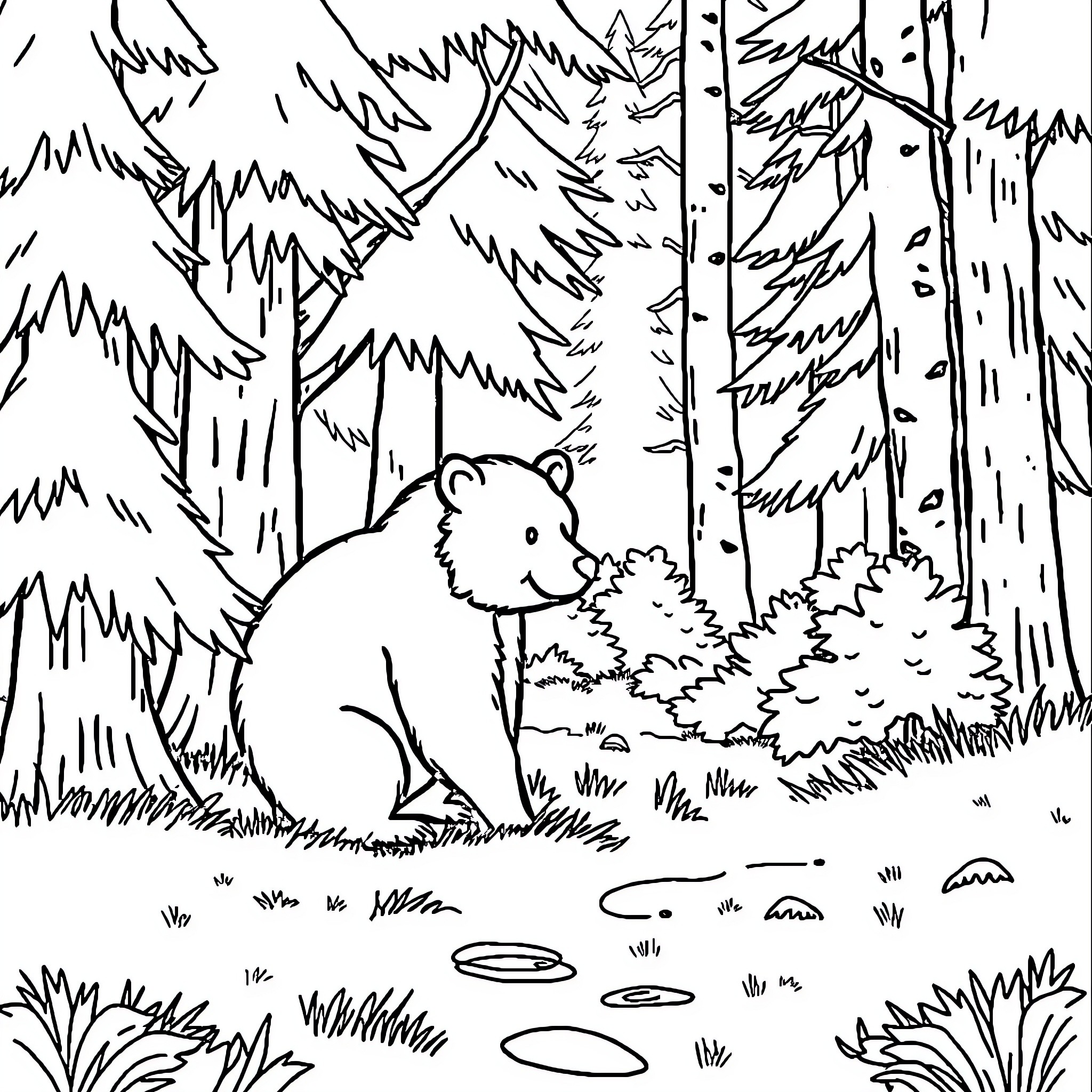 Bear exploring the forest trail Coloring Page (free black-and-white line drawing printable PDF for all, from beginners to advanced learners, including children, teens, adults, and seniors)