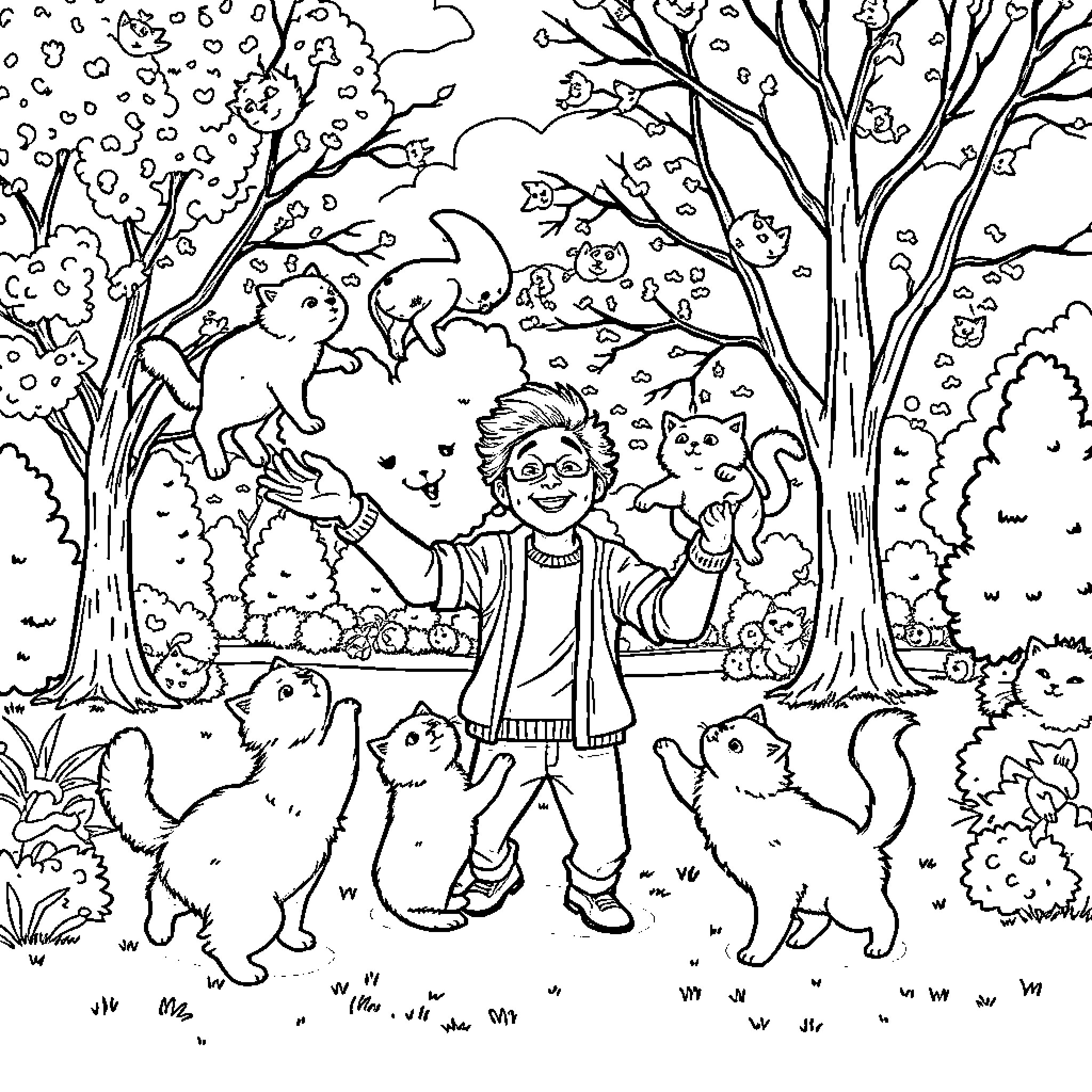 Ben Platt surrounded by playful animal friends in enchanted forest Coloring Page (free black-and-white line drawing printable PDF for all, from beginners to advanced learners, including children, teens, adults, and seniors)