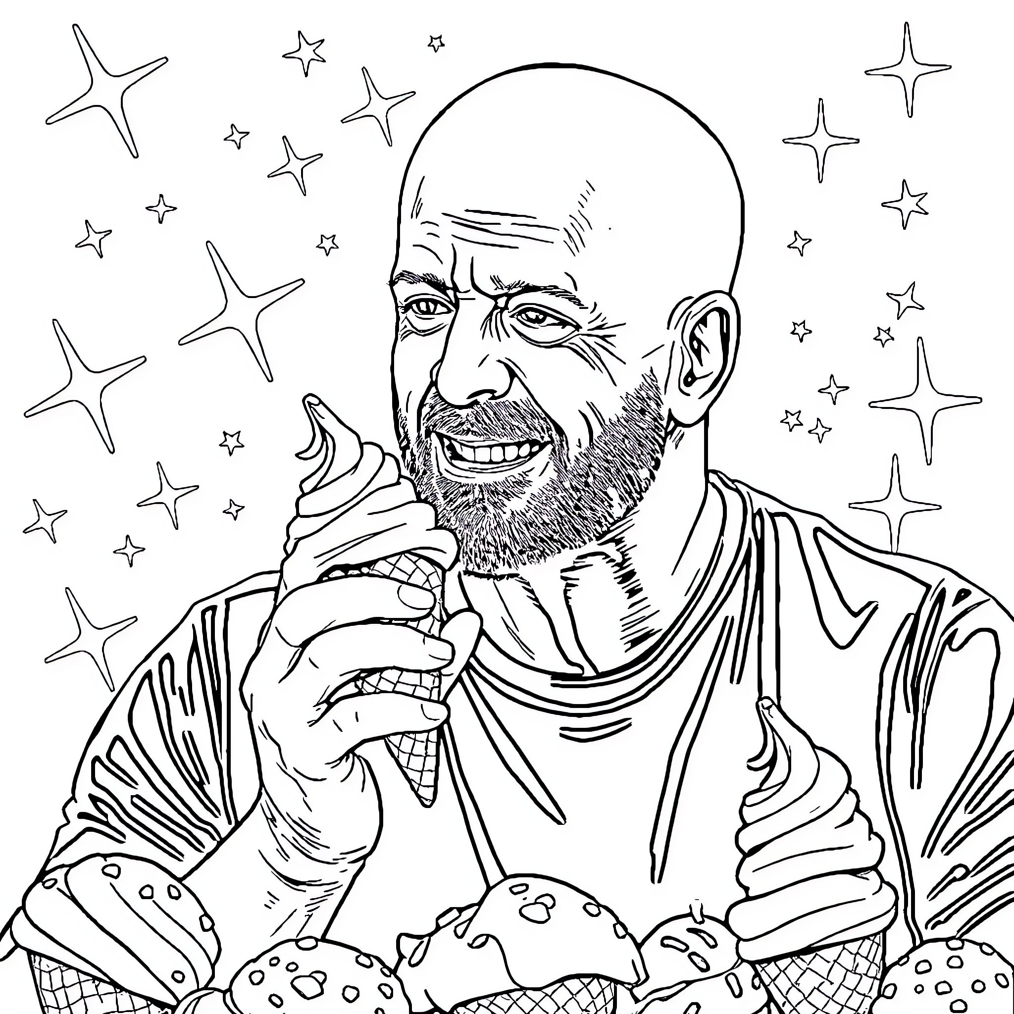 Bruce Willis posing in a whimsical, cosmic setting Coloring Page (free black-and-white line drawing printable PDF for all, from beginners to advanced learners, including children, teens, adults, and seniors)