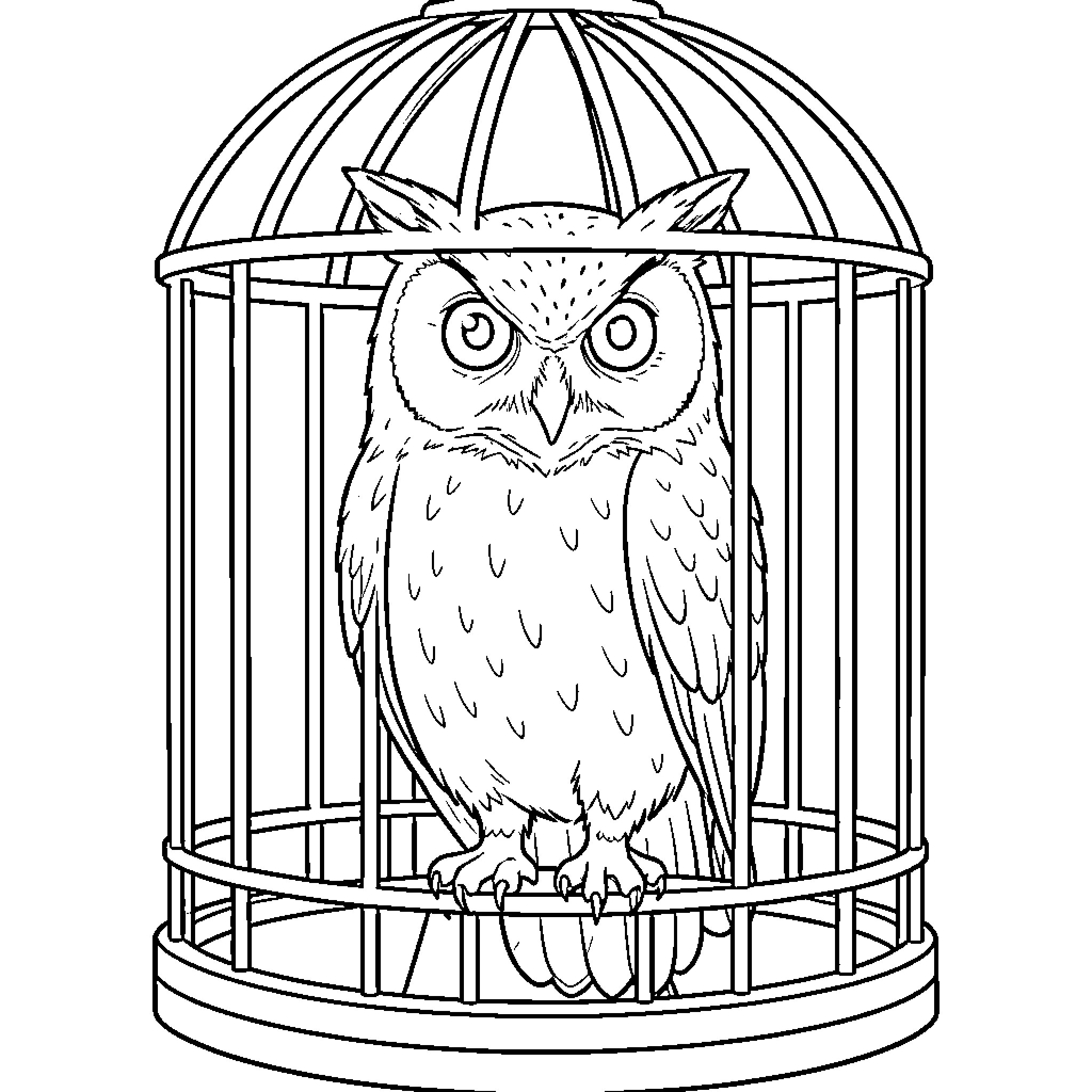 Hedwig the owl perched in a birdcage Coloring Page (free black-and-white line drawing printable PDF for all, from beginners to advanced learners, including children, teens, adults, and seniors)