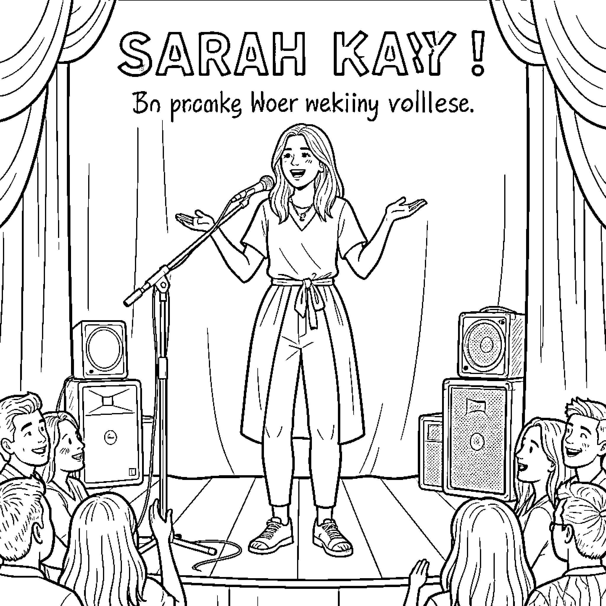 Sarah Kay performing a speech on a stage Coloring Page (free black-and-white line drawing printable PDF for all, from beginners to advanced learners, including children, teens, adults, and seniors)