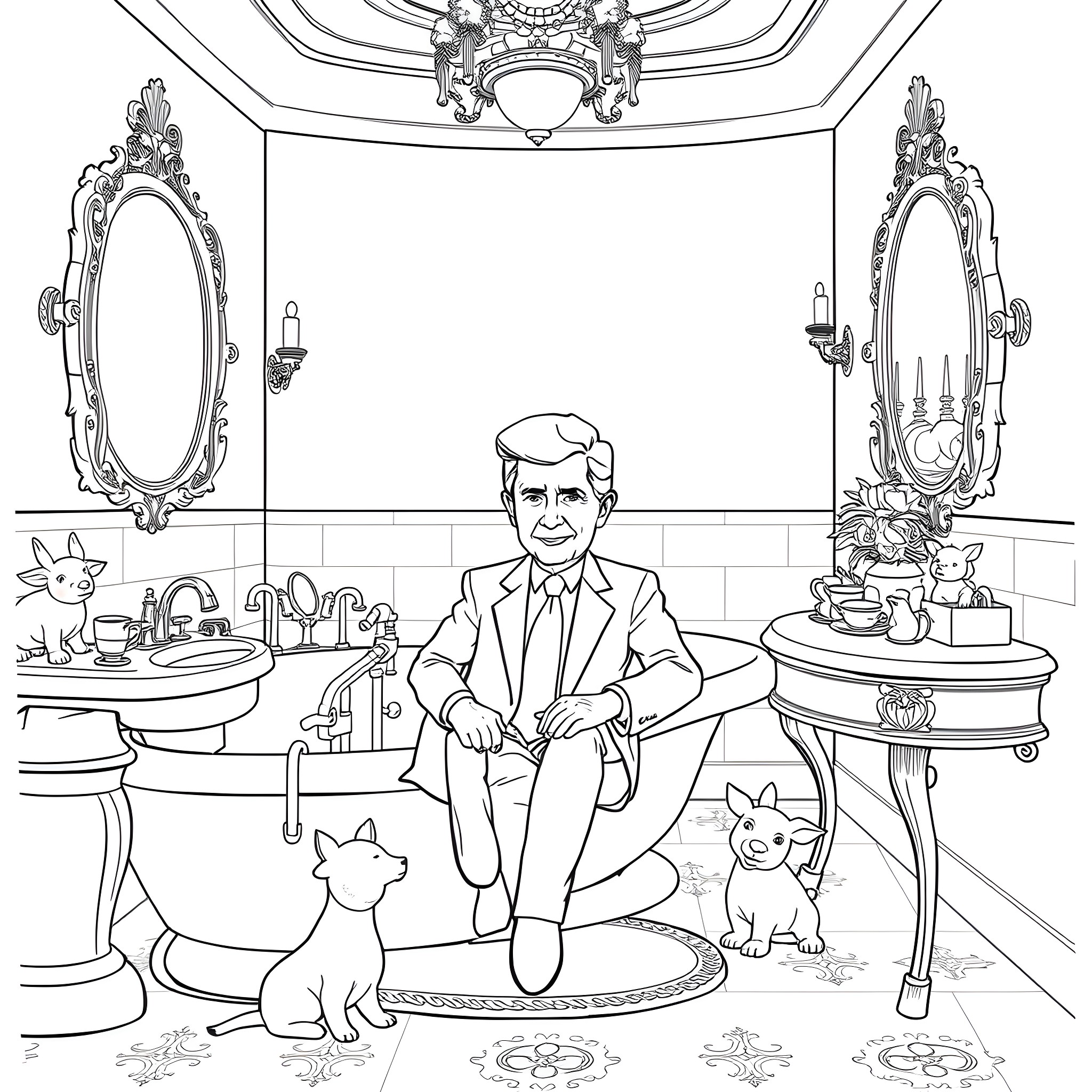 Trump sitting in an ornate bathroom with cats Coloring Page (free black-and-white line drawing printable PDF for all, from beginners to advanced learners, including children, teens, adults, and seniors)