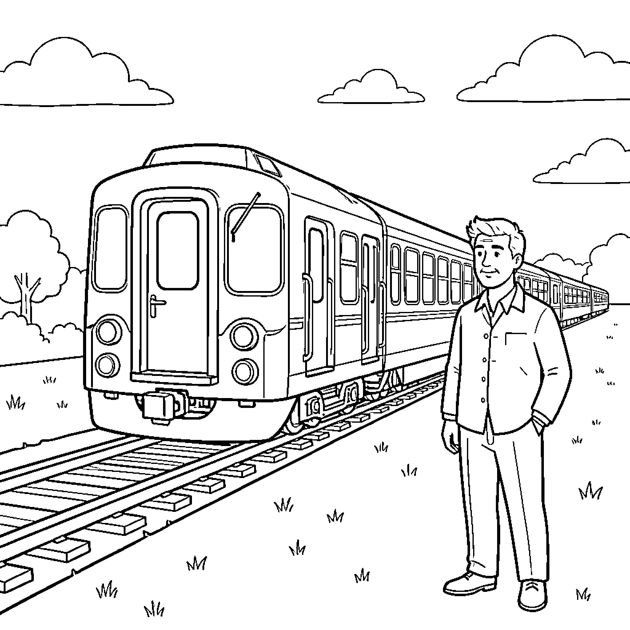 Train arriving at the station near a standing man Coloring Page (free black-and-white line drawing printable PDF for all, from beginners to advanced learners, including children, teens, adults, and seniors)