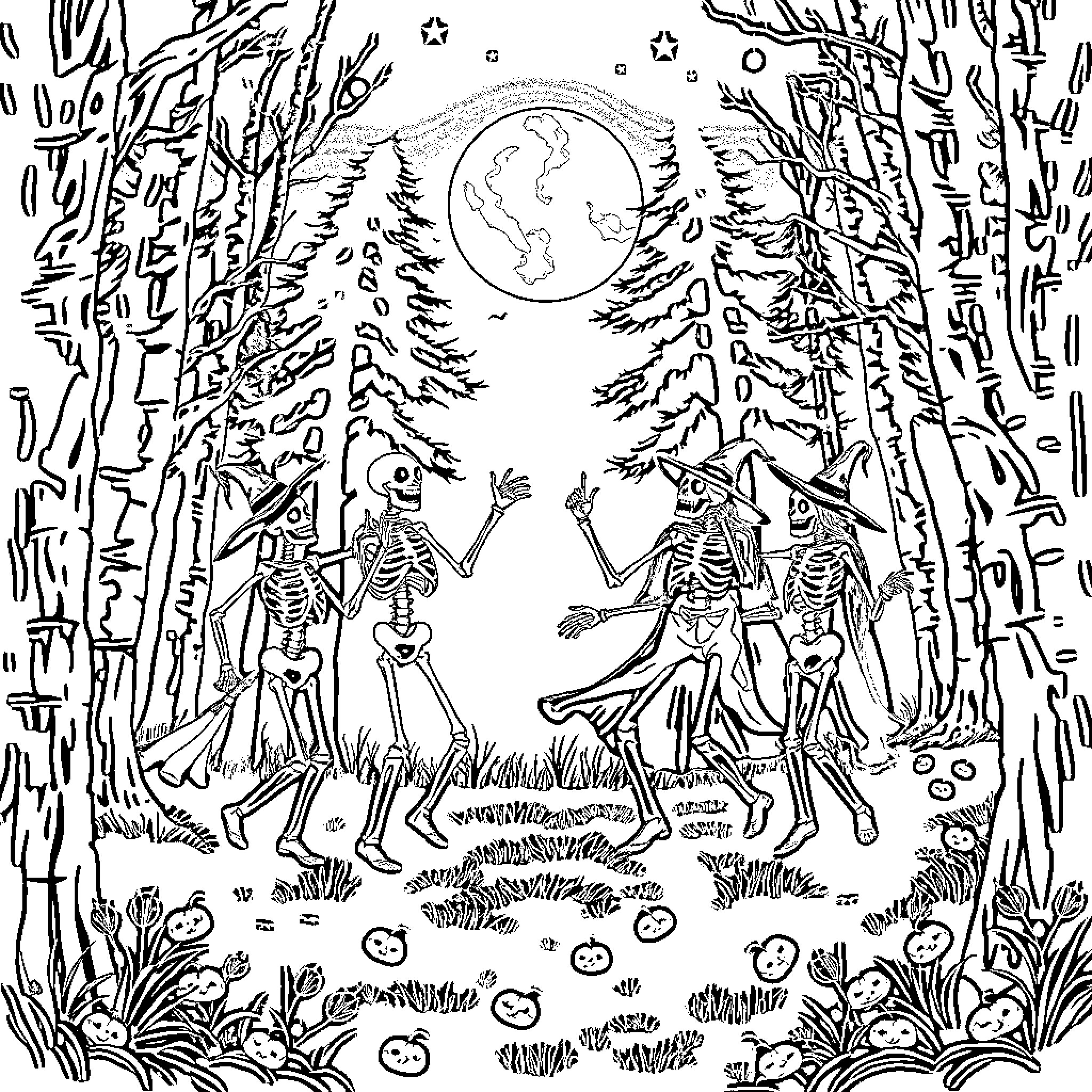Skeleton dancers in the moonlit forest Coloring Page (free black-and-white line drawing printable PDF for all, from beginners to advanced learners, including children, teens, adults, and seniors)