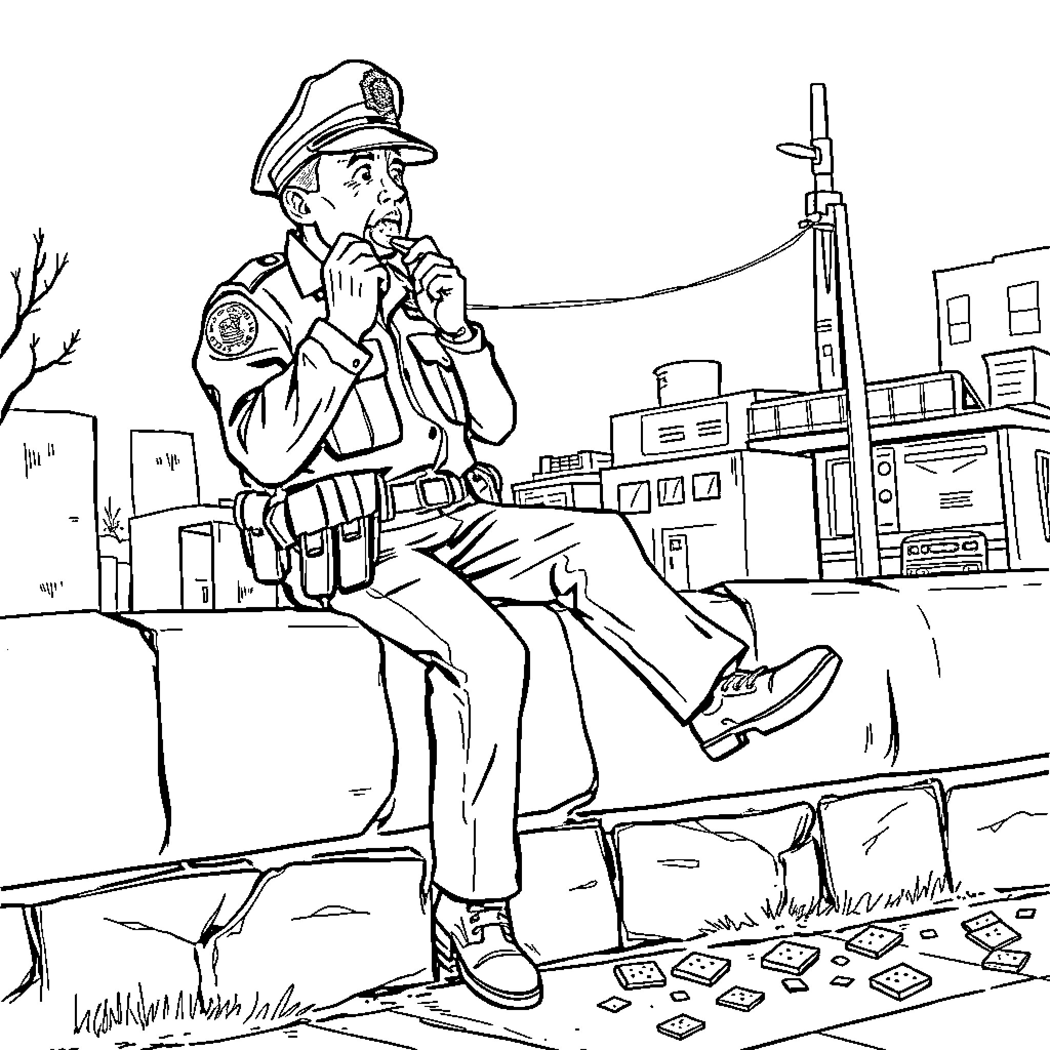 Cop surveying a crime scene in the city Coloring Page (free black-and-white line drawing printable PDF for all, from beginners to advanced learners, including children, teens, adults, and seniors)