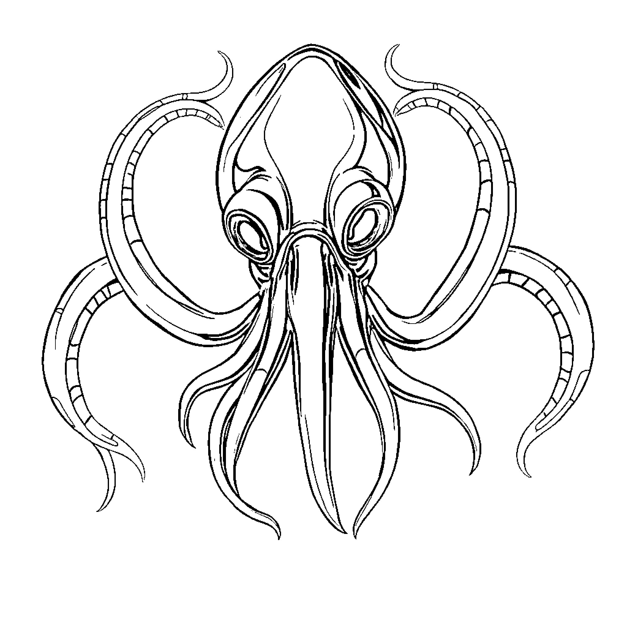 Squid with Intricate Tentacles and Fins Coloring Page (free black-and-white line drawing printable PDF for all, from beginners to advanced learners, including children, teens, adults, and seniors)