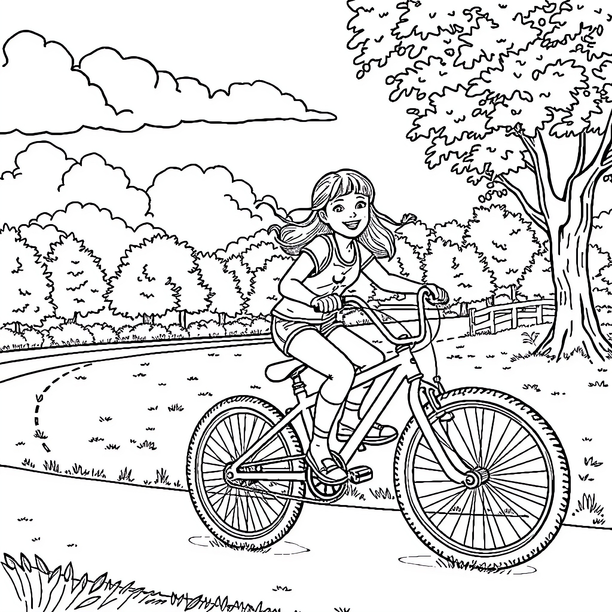 Girl riding bicycle in outdoor park landscape Coloring Page (free black-and-white line drawing printable PDF for all, from beginners to advanced learners, including children, teens, adults, and seniors)