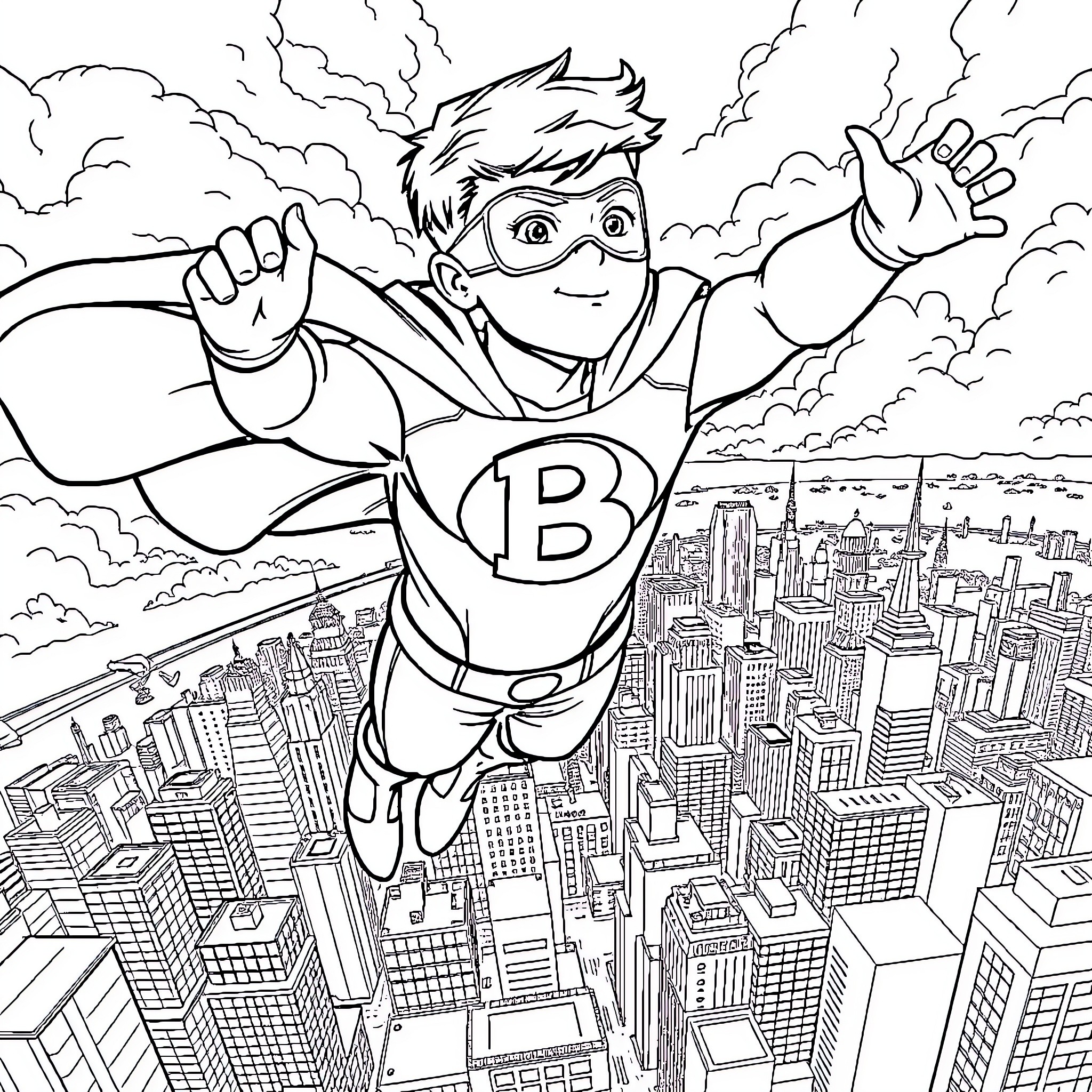 Boy flying high above the city skyline Coloring Page (free black-and-white line drawing printable PDF for all, from beginners to advanced learners, including children, teens, adults, and seniors)