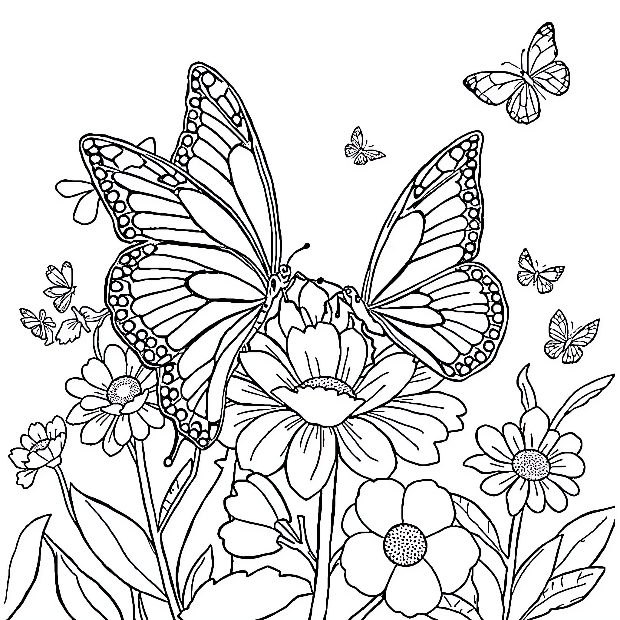 Butterfly Garden with Flowers and Butterflies Coloring Page (free black-and-white line drawing printable PDF for all, from beginners to advanced learners, including children, teens, adults, and seniors)
