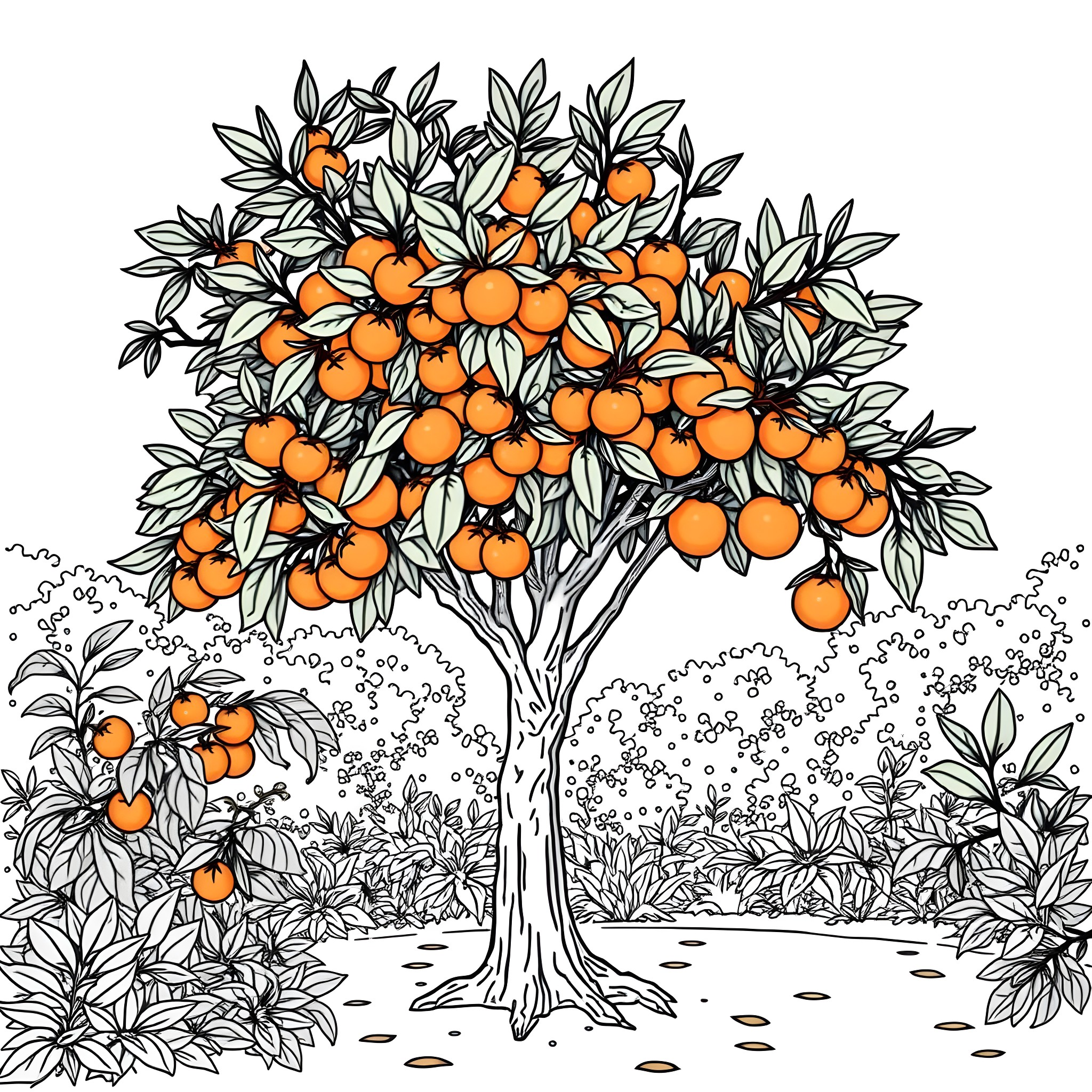 Cherry Orange Orchard with Blooming Flowers Coloring Page (free black-and-white line drawing printable PDF for all, from beginners to advanced learners, including children, teens, adults, and seniors)