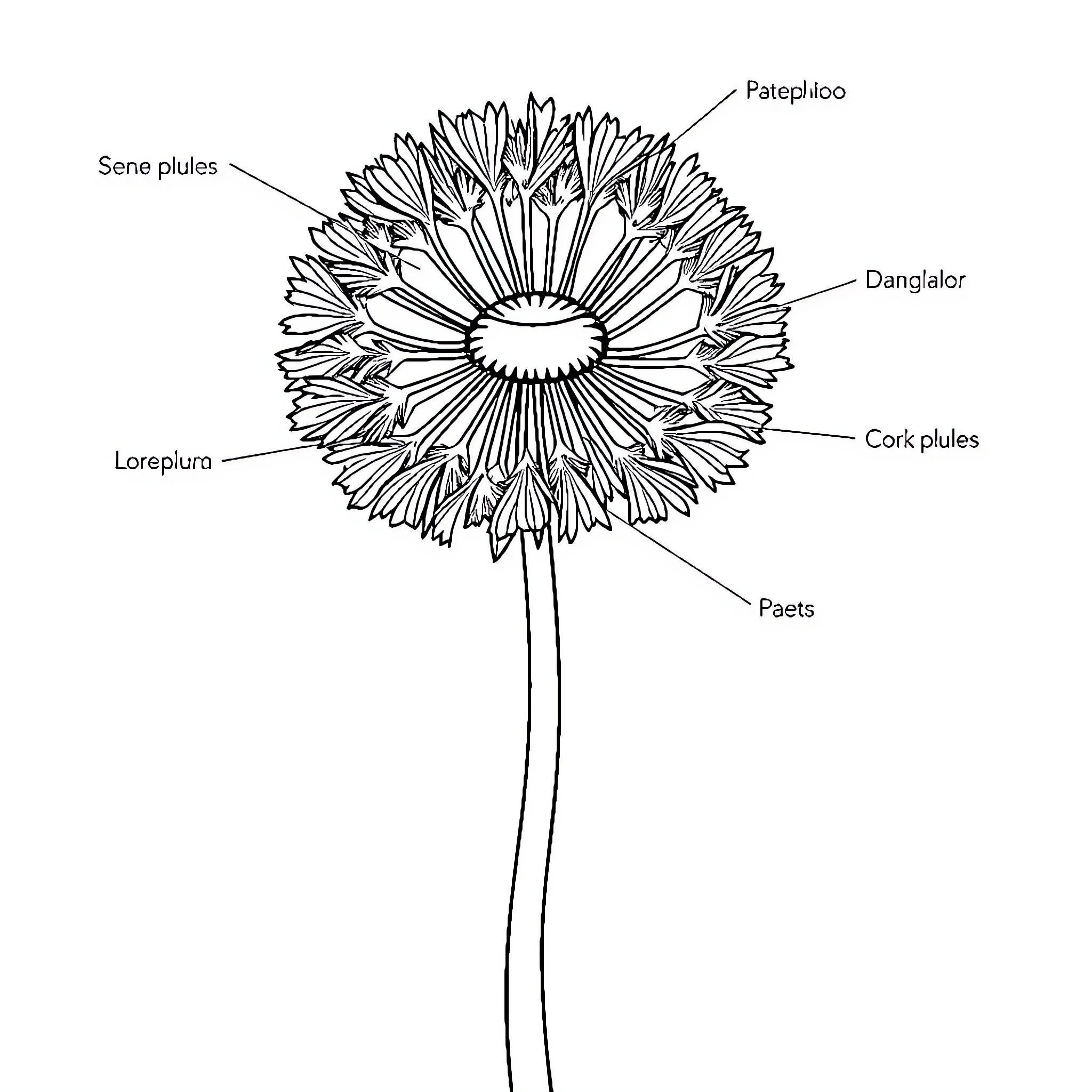 Dandelion with detailed flower structure Coloring Page (free black-and-white line drawing printable PDF for all, from beginners to advanced learners, including children, teens, adults, and seniors)
