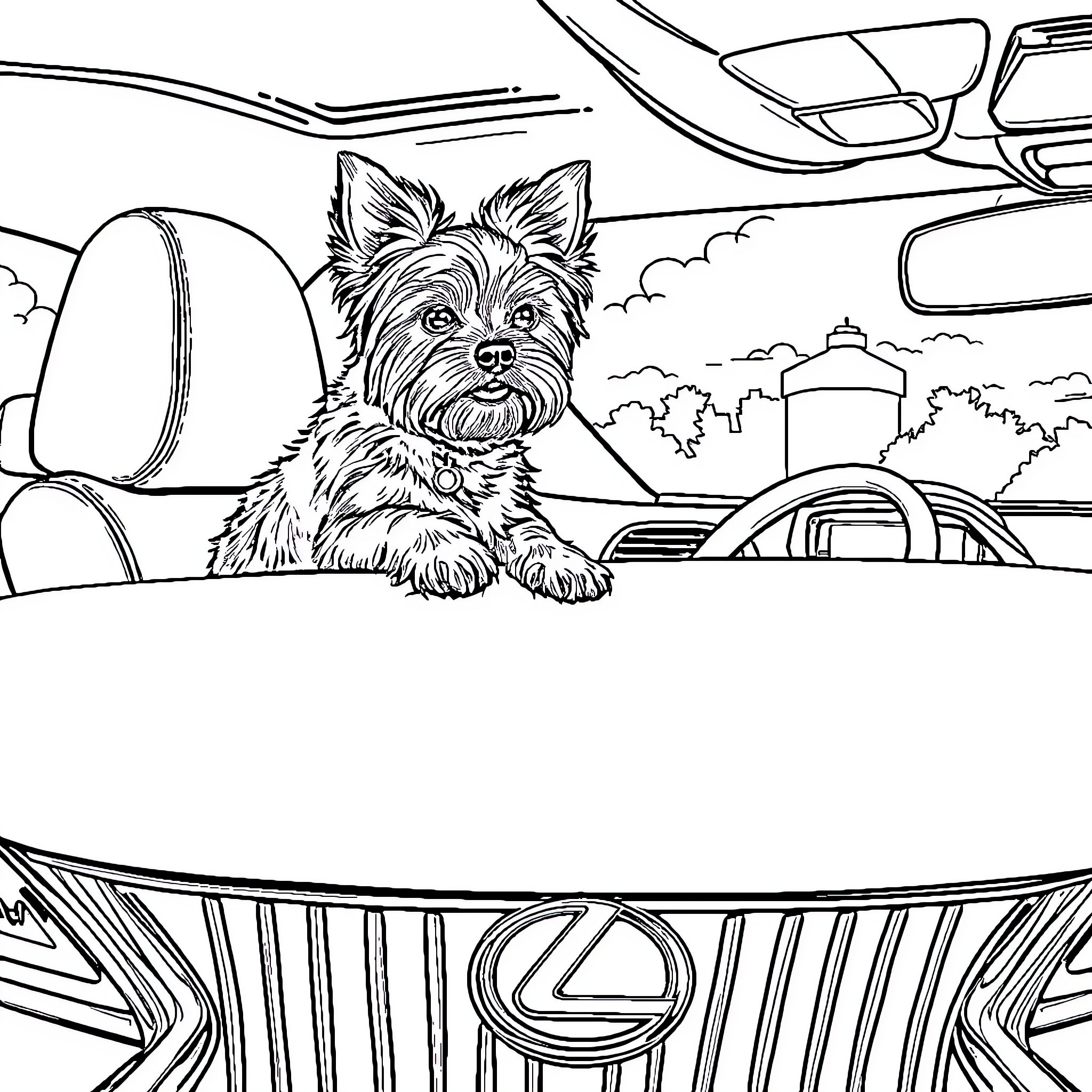 Yorkie sitting in car with landscape Coloring Page (free black-and-white line drawing printable PDF for all, from beginners to advanced learners, including children, teens, adults, and seniors)