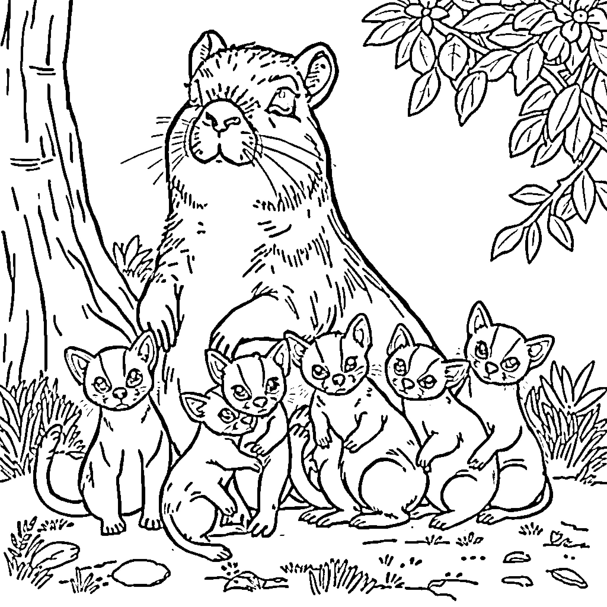 Capybara and her adorable kittens in the forest Coloring Page (free black-and-white line drawing printable PDF for all, from beginners to advanced learners, including children, teens, adults, and seniors)