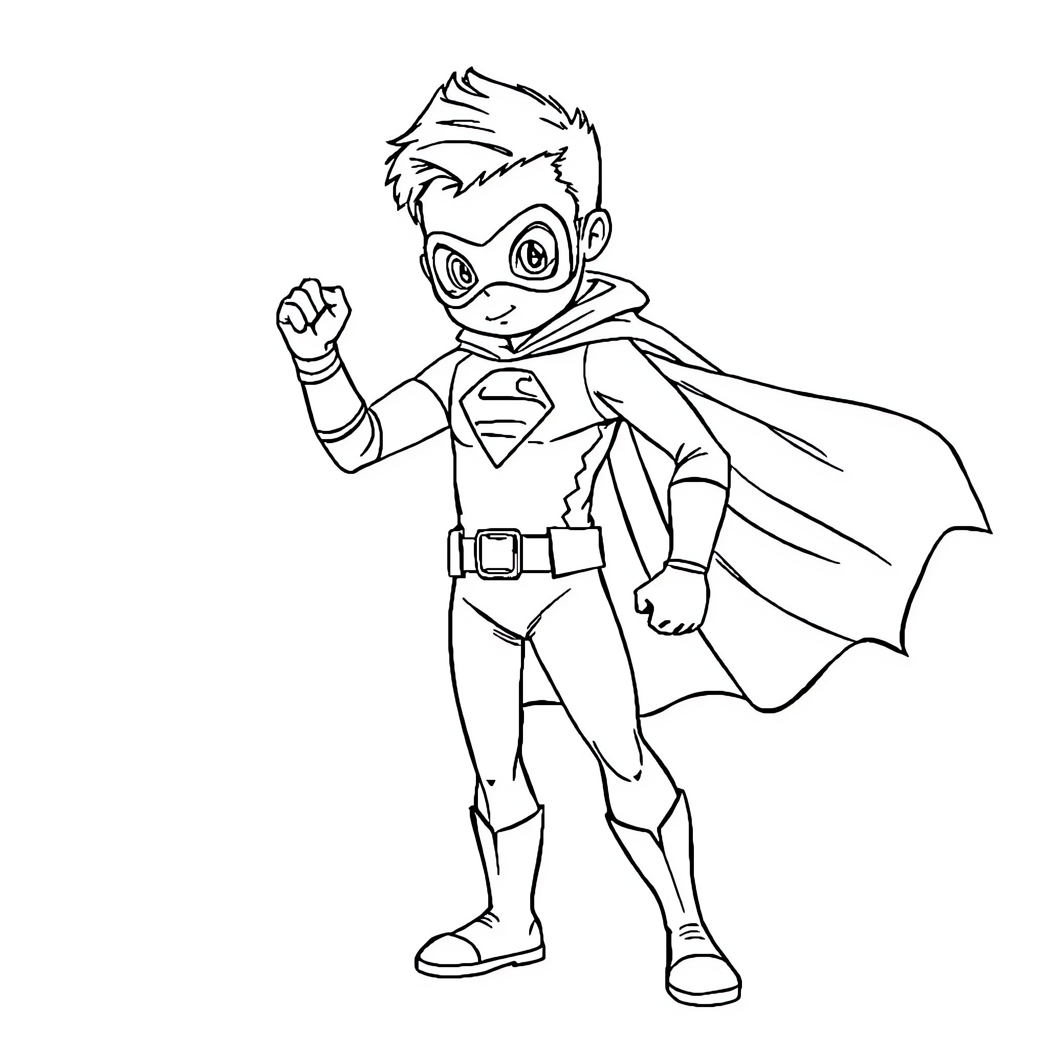 Superhero in heroic pose with cape and fist Coloring Page (free black-and-white line drawing printable PDF for all, from beginners to advanced learners, including children, teens, adults, and seniors)