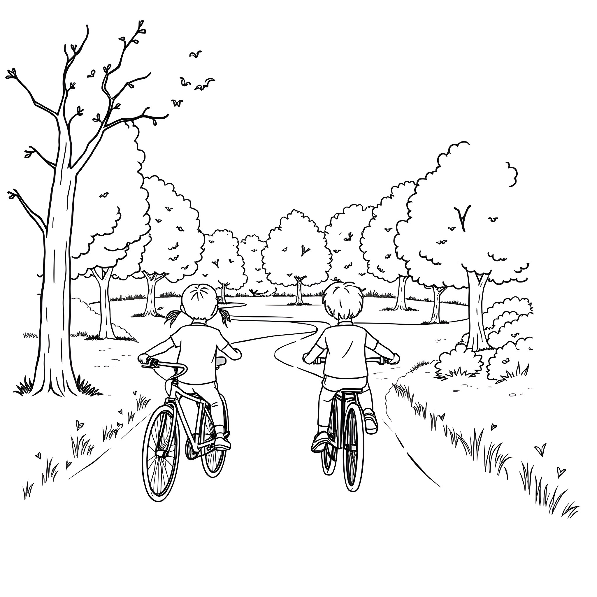Children cycling together on a nature trail Coloring Page (free black-and-white line drawing printable PDF for all, from beginners to advanced learners, including children, teens, adults, and seniors)