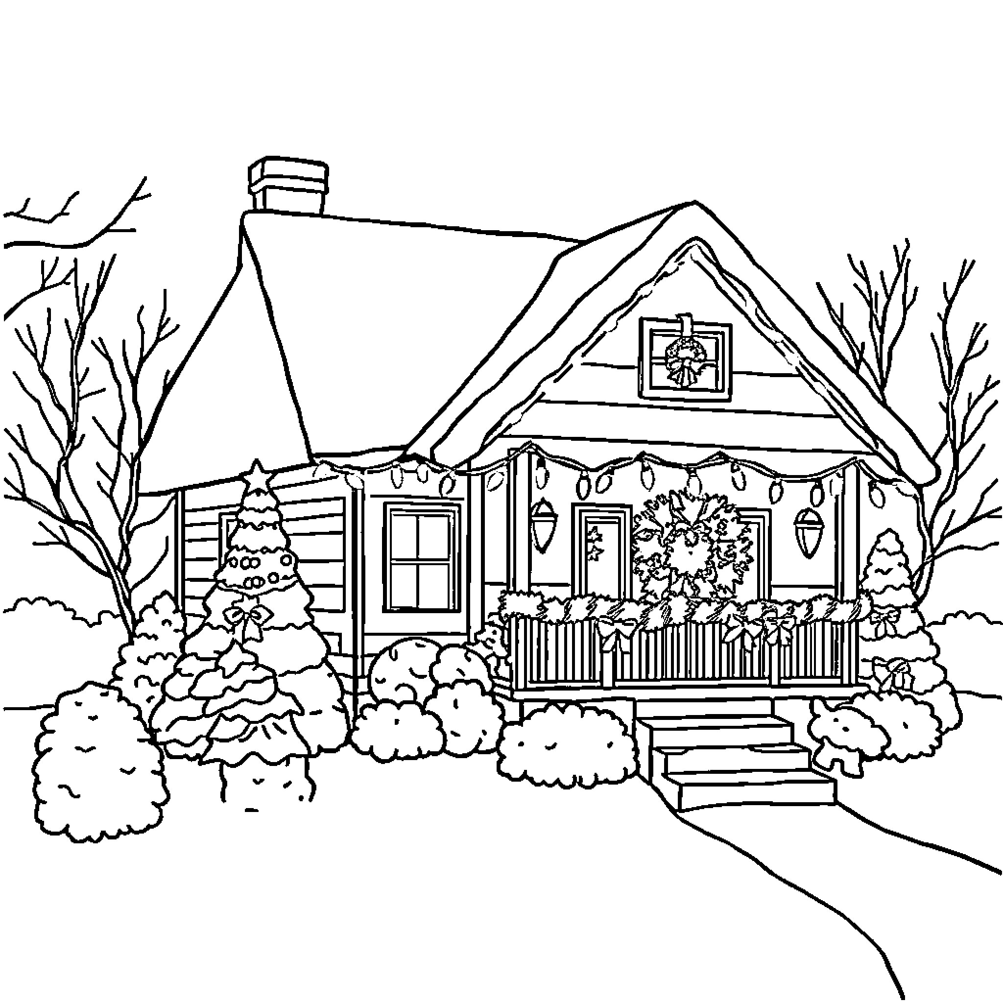 Christmas Light Decorated Cabin in Winter Wonderland Coloring Page (free black-and-white line drawing printable PDF for all, from beginners to advanced learners, including children, teens, adults, and seniors)