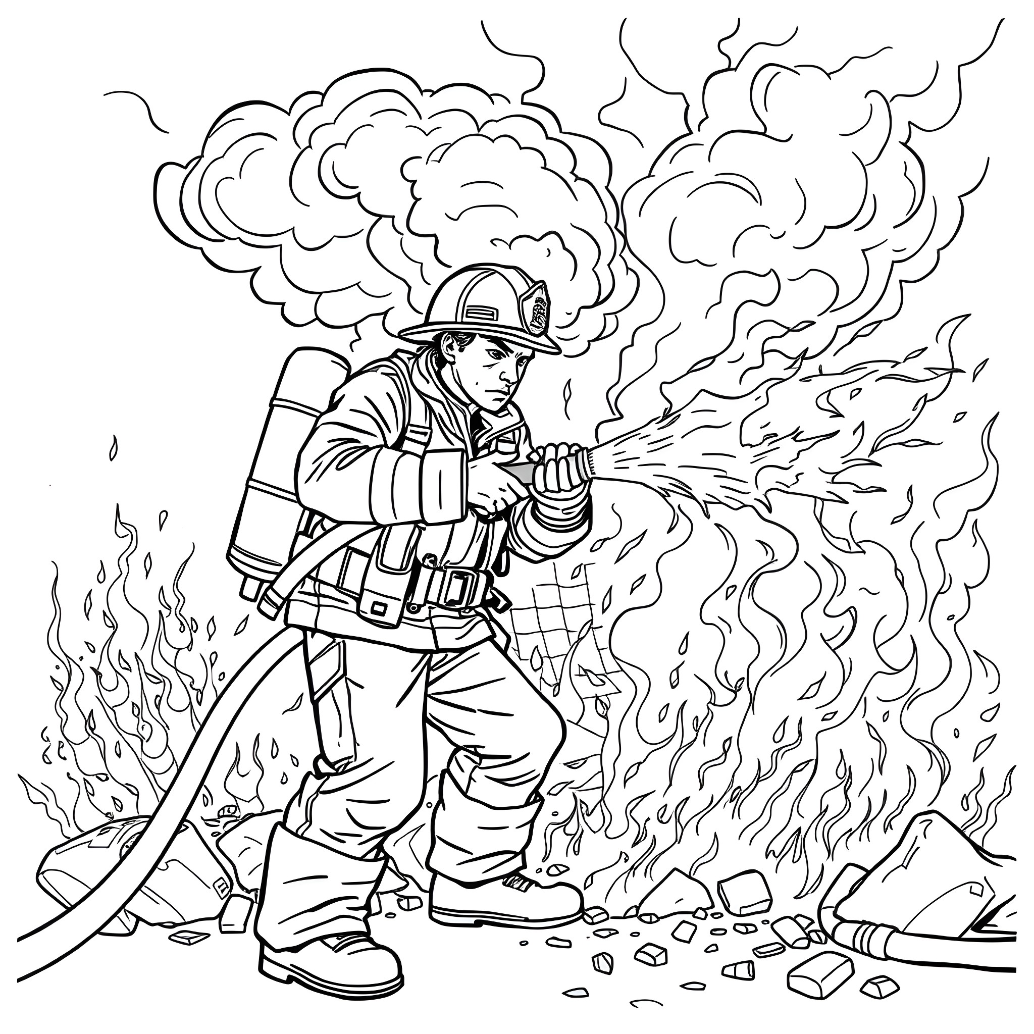 Firefighter battling intense blaze with determination Coloring Page (free black-and-white line drawing printable PDF for all, from beginners to advanced learners, including children, teens, adults, and seniors)
