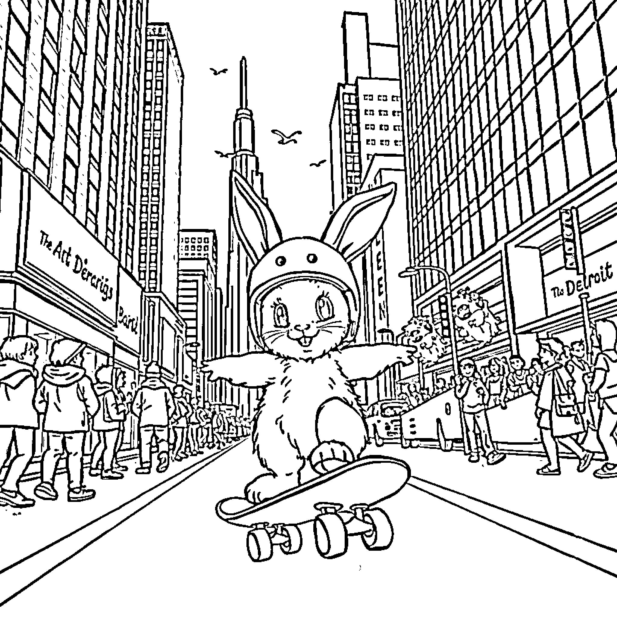 Rabbit exploring the bustling city streets Coloring Page (free black-and-white line drawing printable PDF for all, from beginners to advanced learners, including children, teens, adults, and seniors)