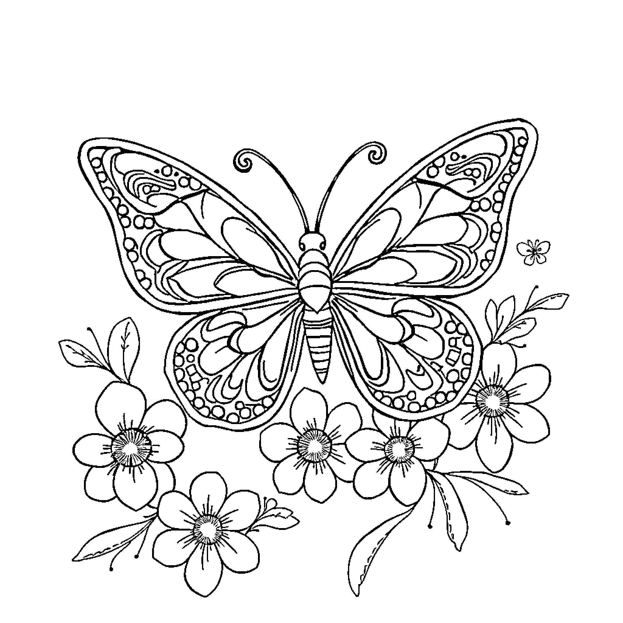 Butterfly flying amidst blooming flowers Coloring Page (free black-and-white line drawing printable PDF for all, from beginners to advanced learners, including children, teens, adults, and seniors)