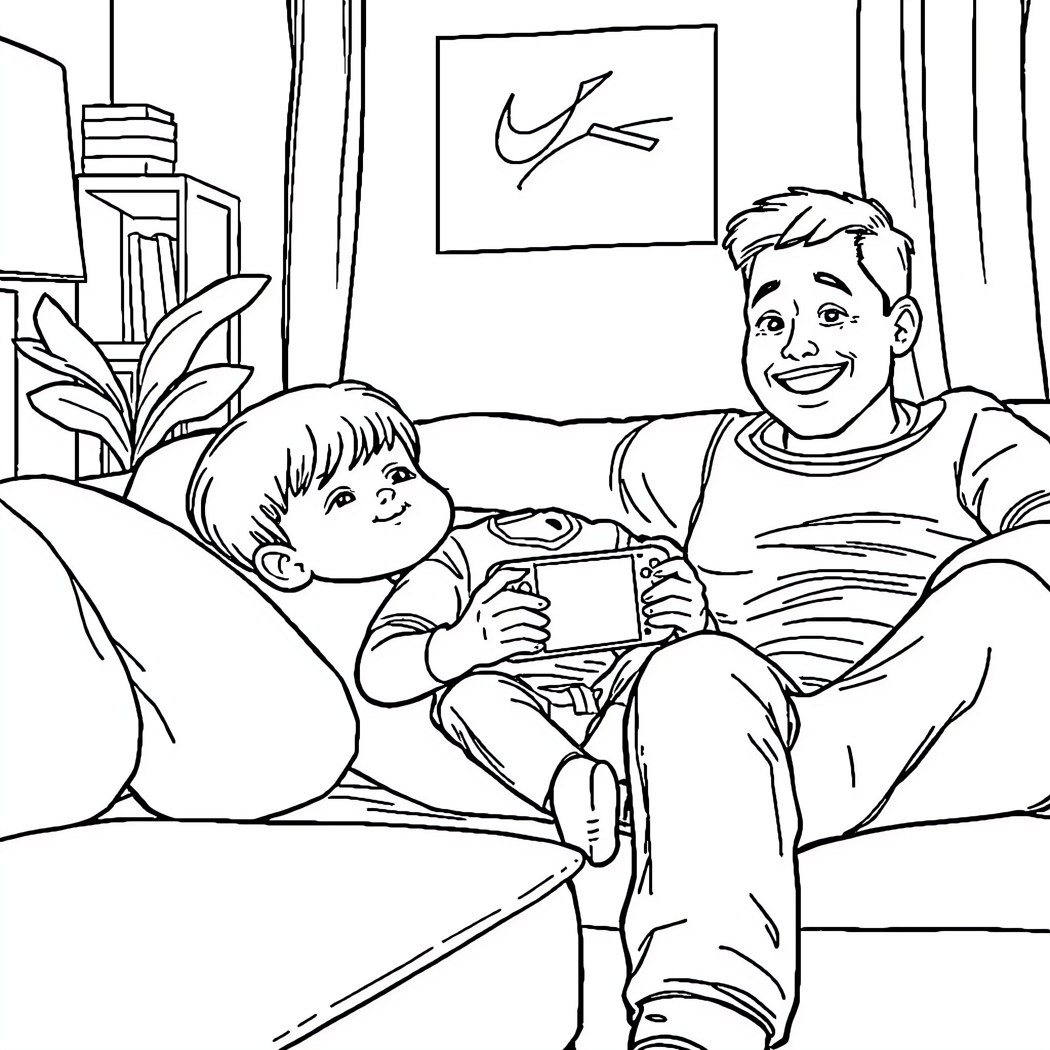 Niño playing video games with friend in the living room Coloring Page (free black-and-white line drawing printable PDF for all, from beginners to advanced learners, including children, teens, adults, and seniors)