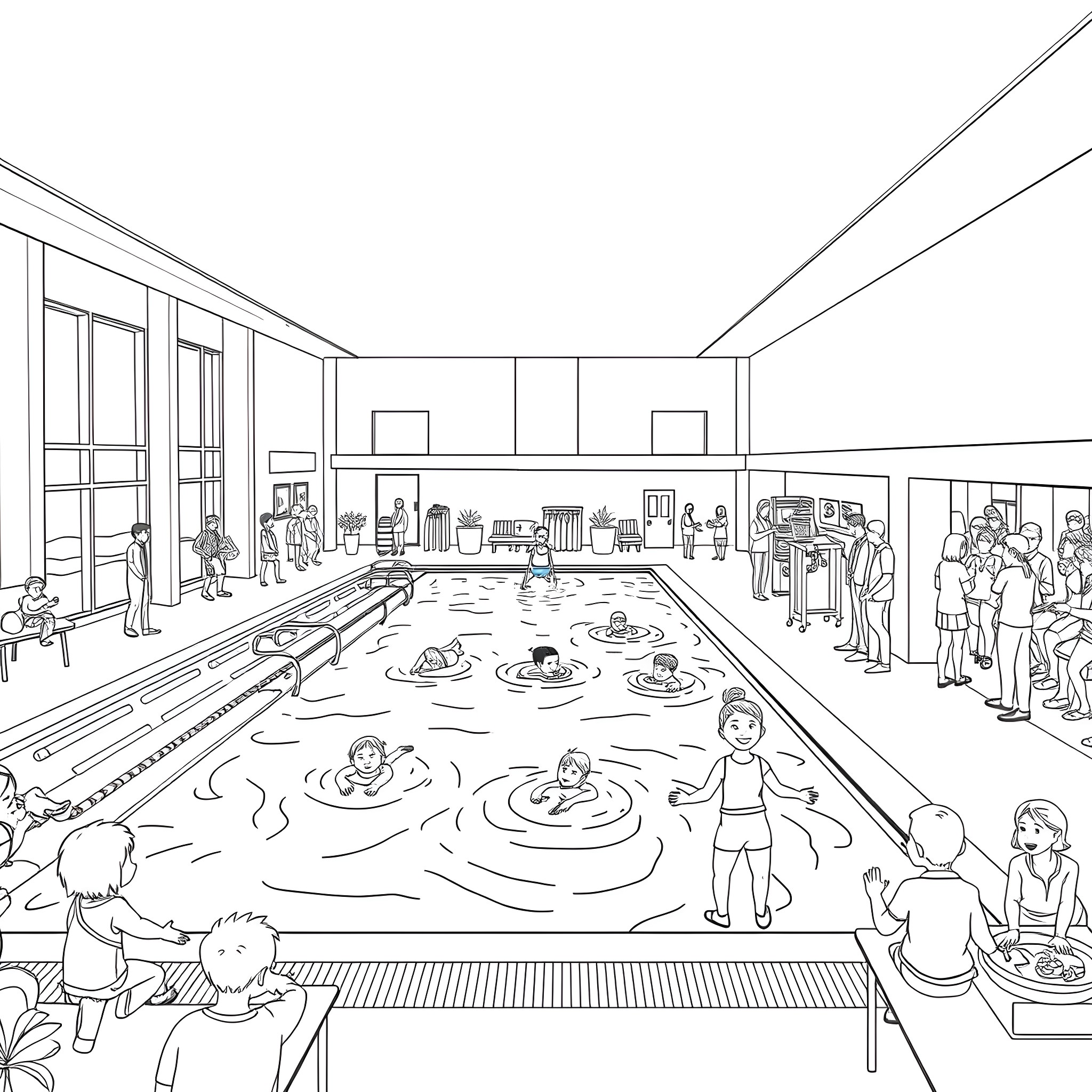 YMCA indoor pool with people swimming and relaxing Coloring Page (free black-and-white line drawing printable PDF for all, from beginners to advanced learners, including children, teens, adults, and seniors)