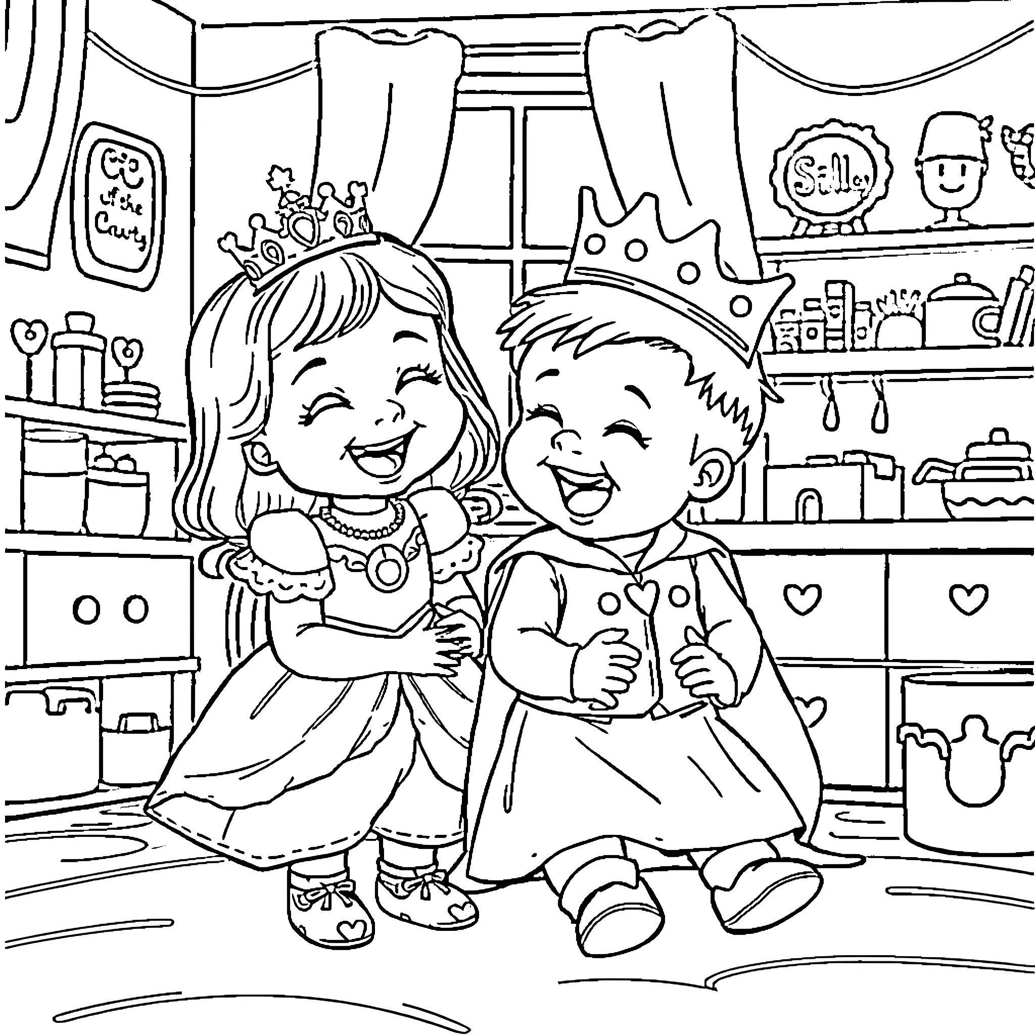 Princess and Prince Play in Colorful Playroom Coloring Page (free black-and-white line drawing printable PDF for all, from beginners to advanced learners, including children, teens, adults, and seniors)