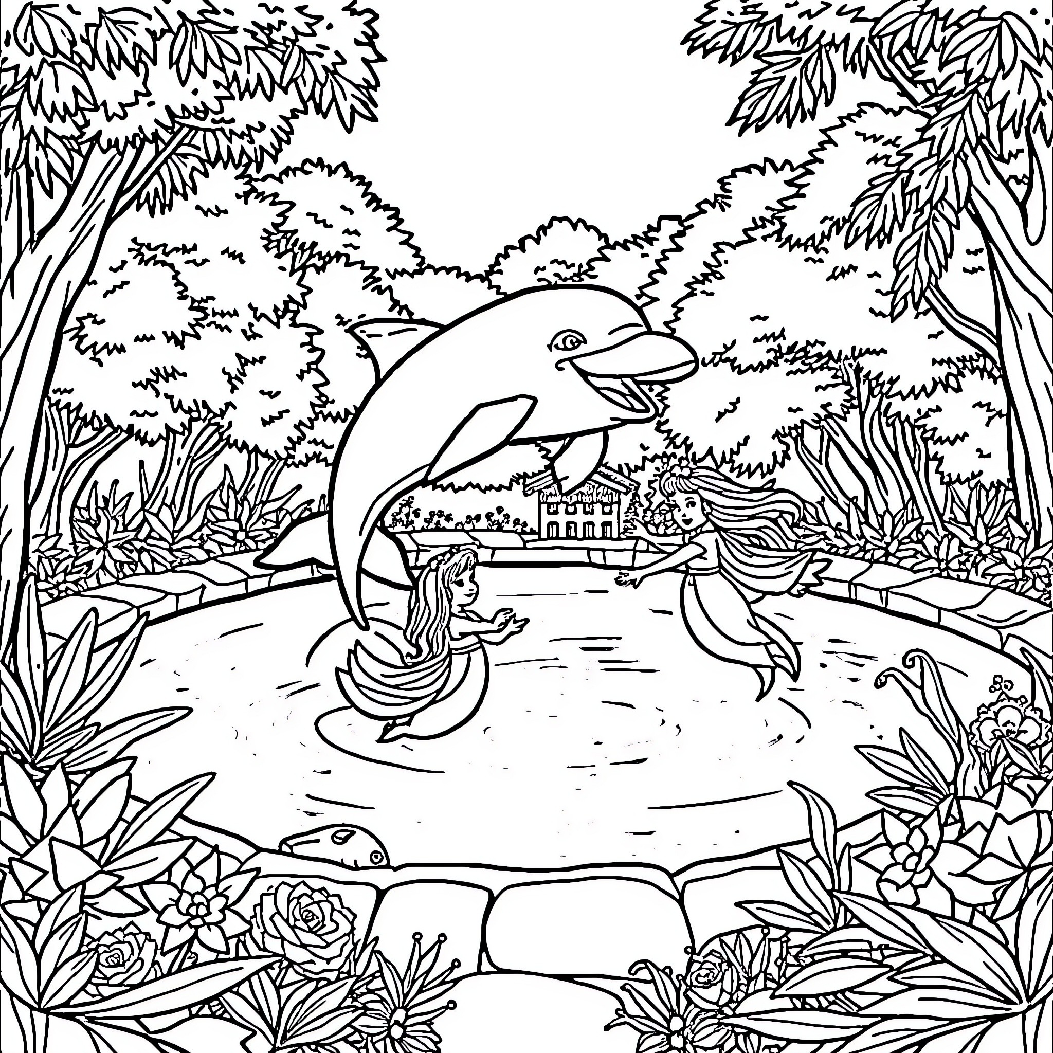 Dolphin leaping with a mermaid in a tropical garden Coloring Page (free black-and-white line drawing printable PDF for all, from beginners to advanced learners, including children, teens, adults, and seniors)