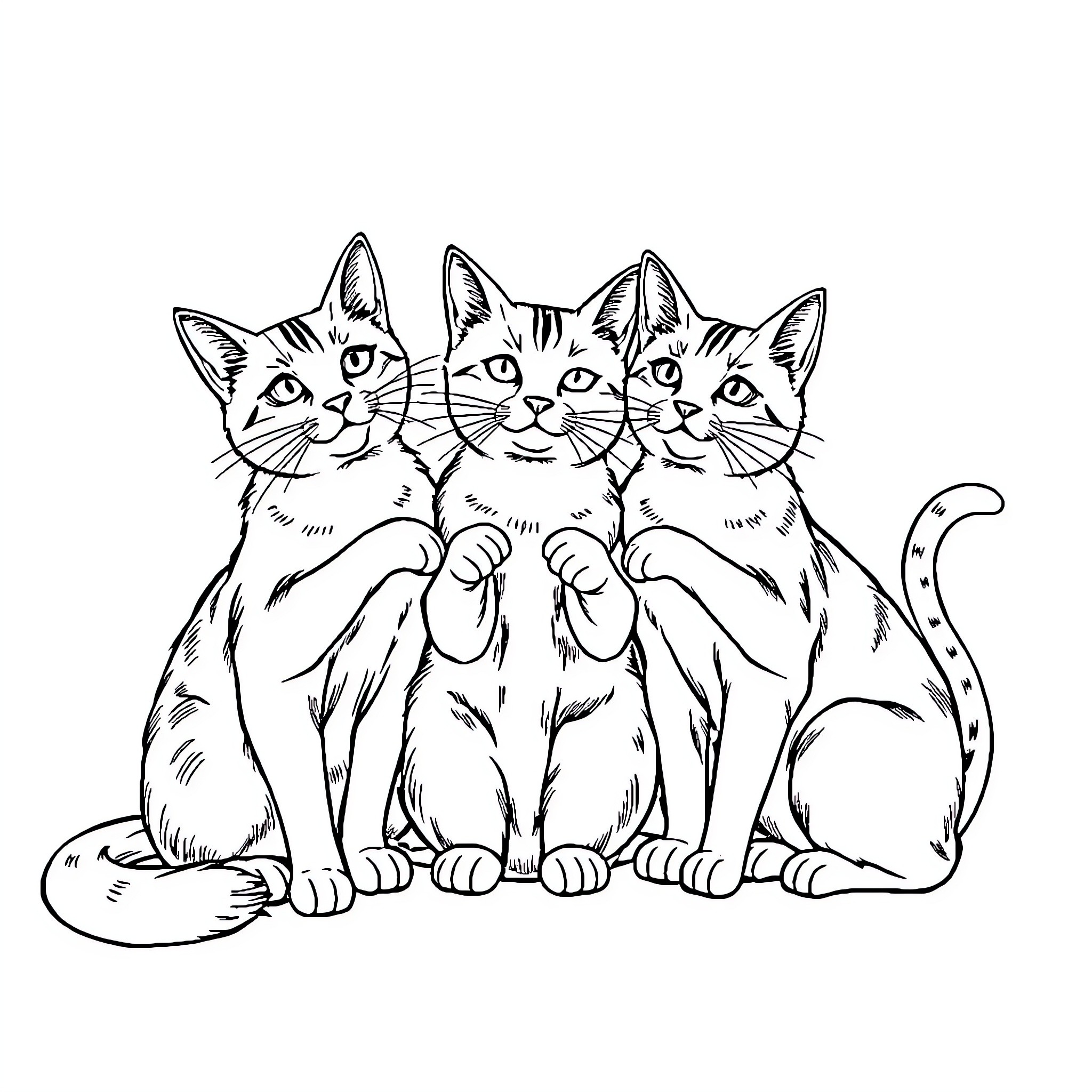 Cat trio posing together in black and white Coloring Page (free black-and-white line drawing printable PDF for all, from beginners to advanced learners, including children, teens, adults, and seniors)
