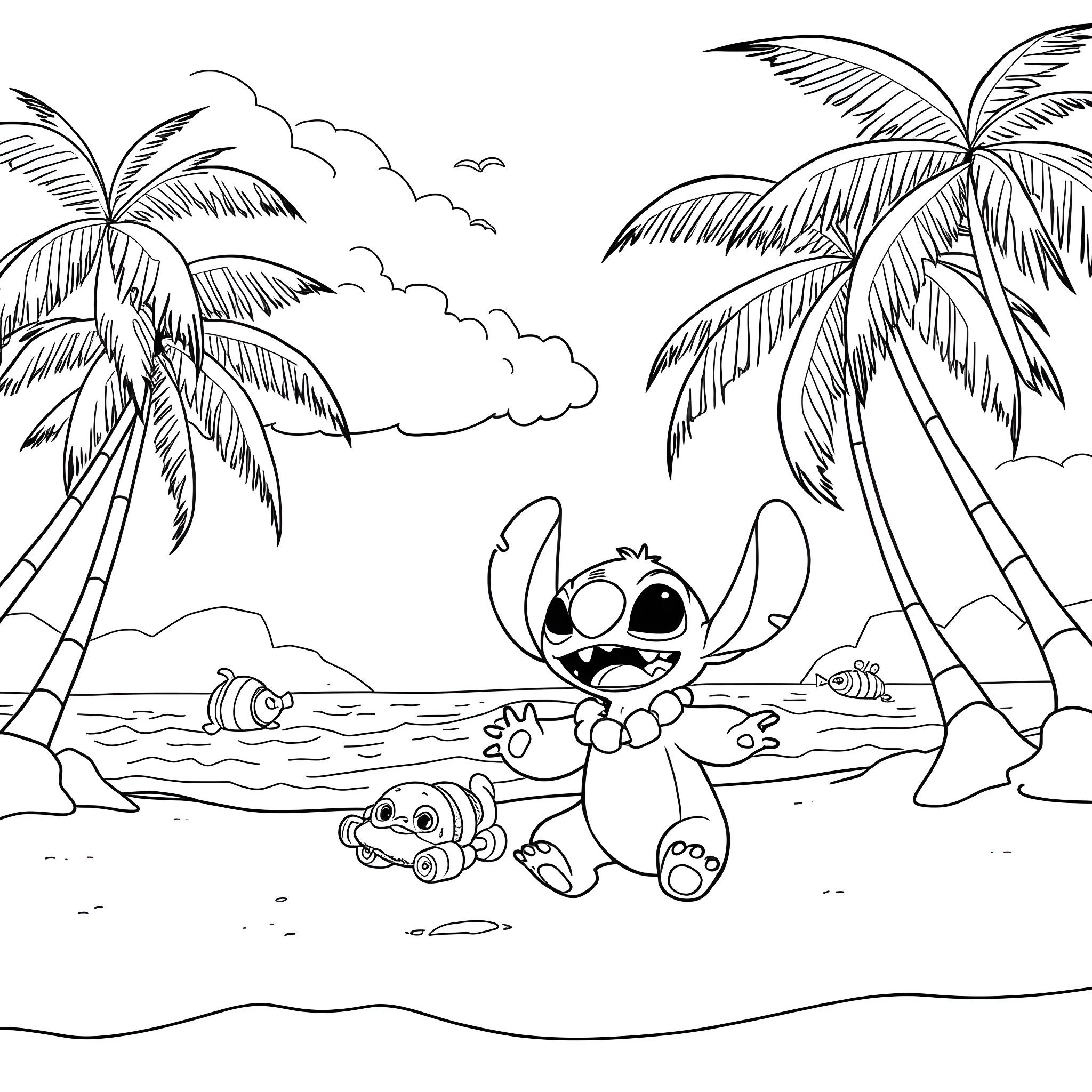 Lilo And Stitch Playing at the Beach Coloring Page (free black-and-white line drawing printable PDF for all, from beginners to advanced learners, including children, teens, adults, and seniors)