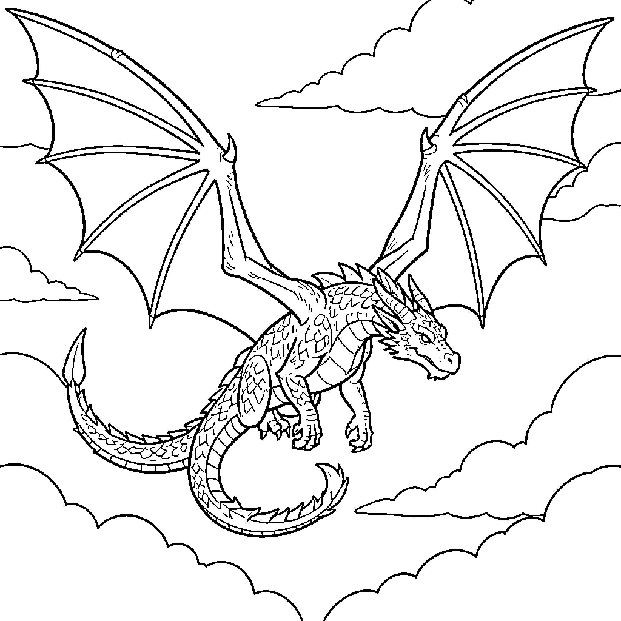 Dragon soaring through the cloudy skies Coloring Page (free black-and-white line drawing printable PDF for all, from beginners to advanced learners, including children, teens, adults, and seniors)