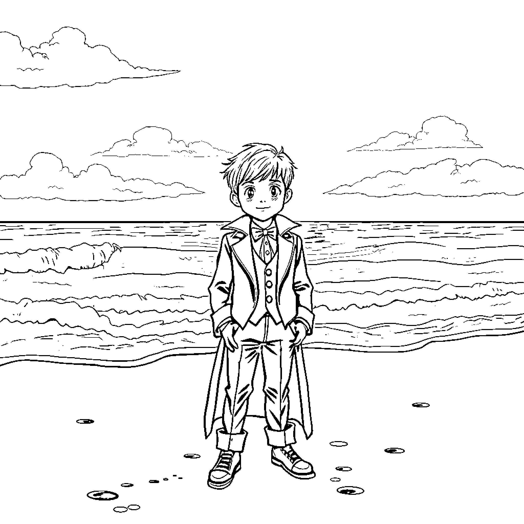 Boy standing on the beach with a suit Coloring Page (free black-and-white line drawing printable PDF for all, from beginners to advanced learners, including children, teens, adults, and seniors)