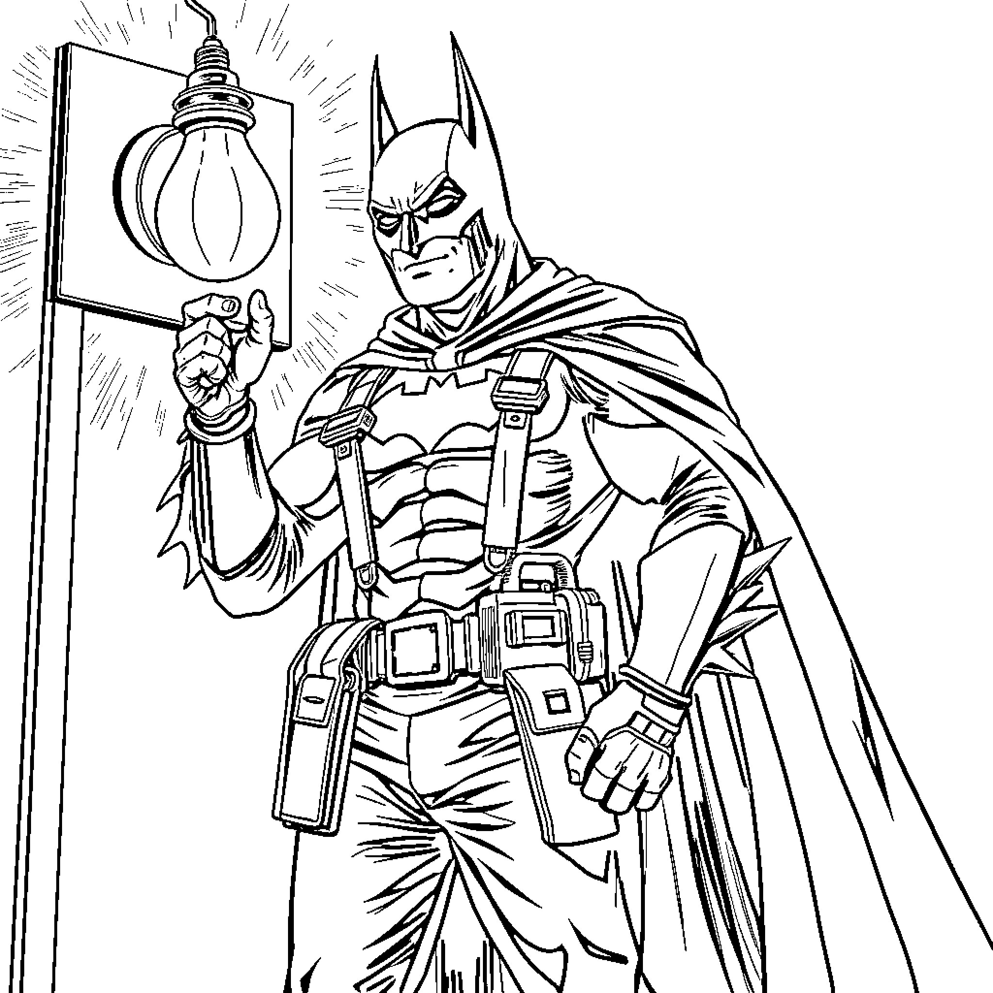 Batman examining a mysterious device Coloring Page (free black-and-white line drawing printable PDF for all, from beginners to advanced learners, including children, teens, adults, and seniors)