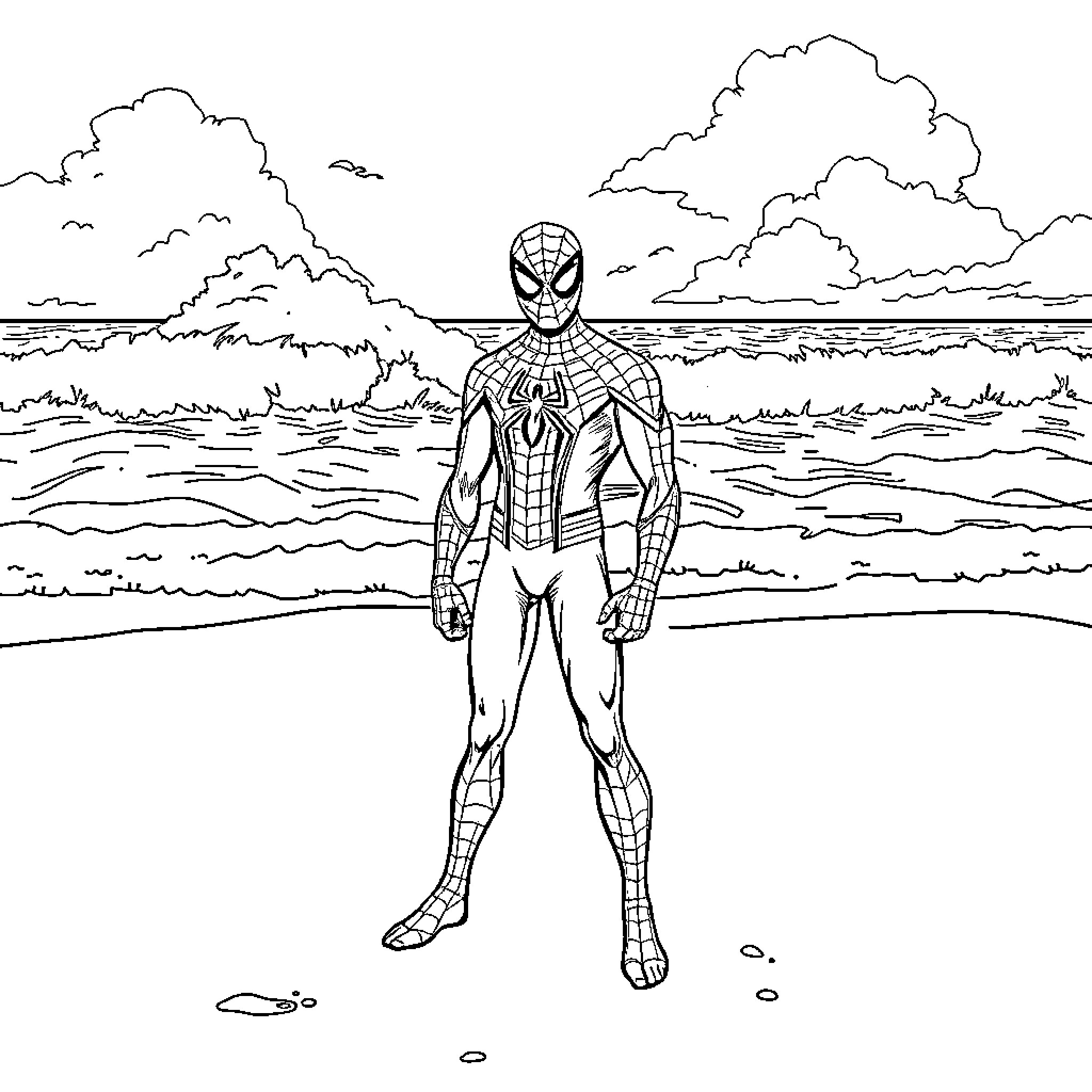Spiderman standing on the beach Coloring Page (free black-and-white line drawing printable PDF for all, from beginners to advanced learners, including children, teens, adults, and seniors)