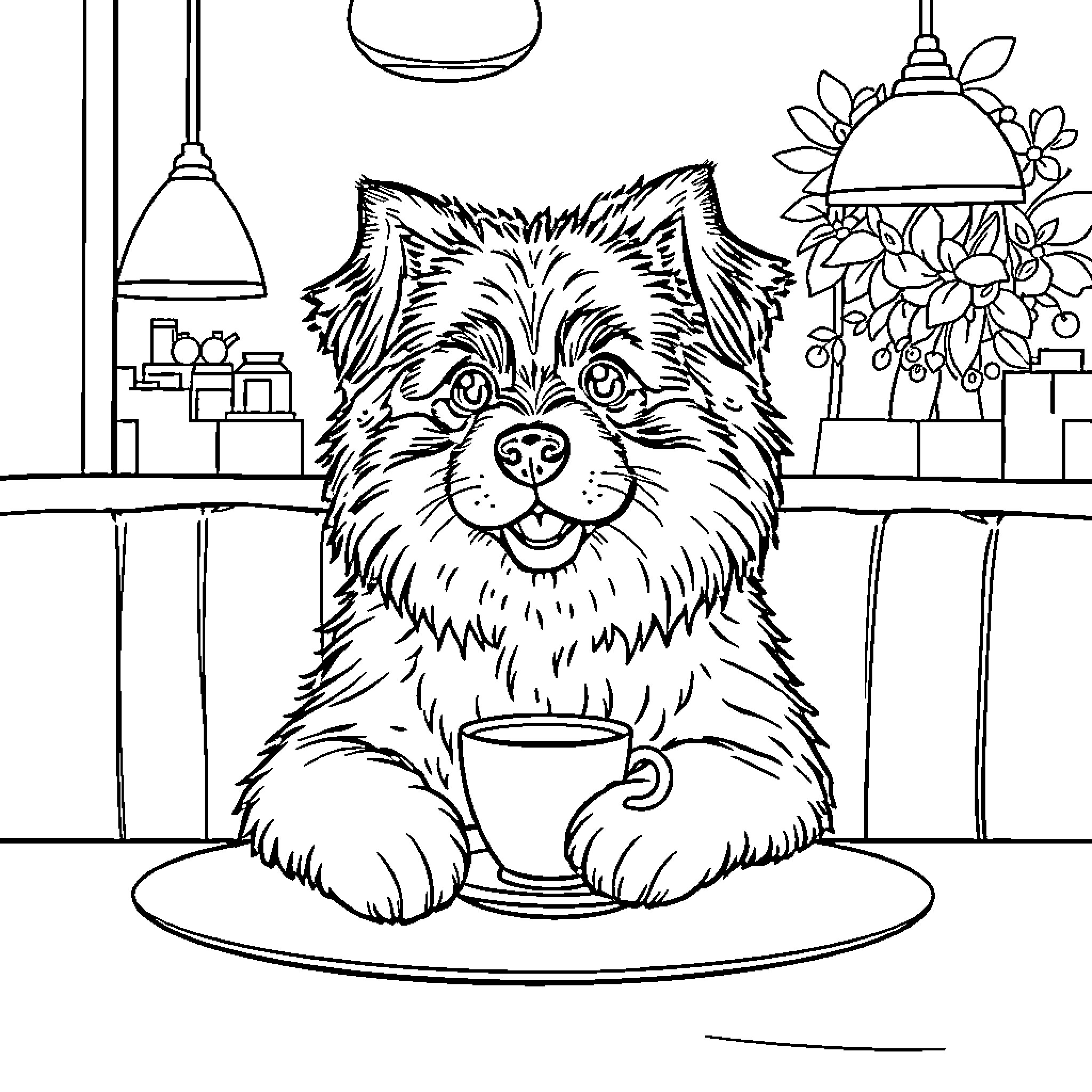 Dog enjoying a cup of coffee in the kitchen Coloring Page (free black-and-white line drawing printable PDF for all, from beginners to advanced learners, including children, teens, adults, and seniors)