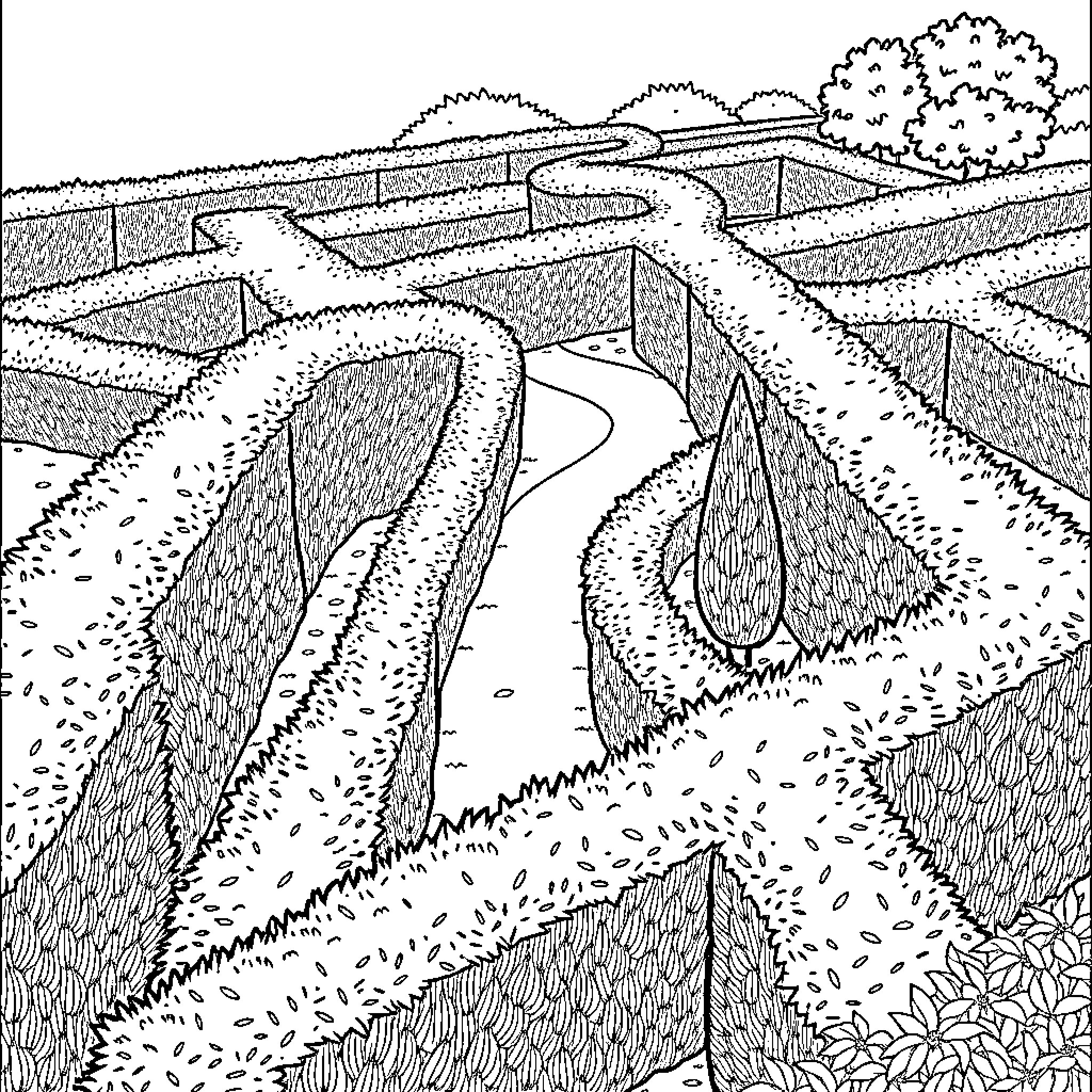 Maze of winding paths and hedges in nature Coloring Page (free black-and-white line drawing printable PDF for all, from beginners to advanced learners, including children, teens, adults, and seniors)