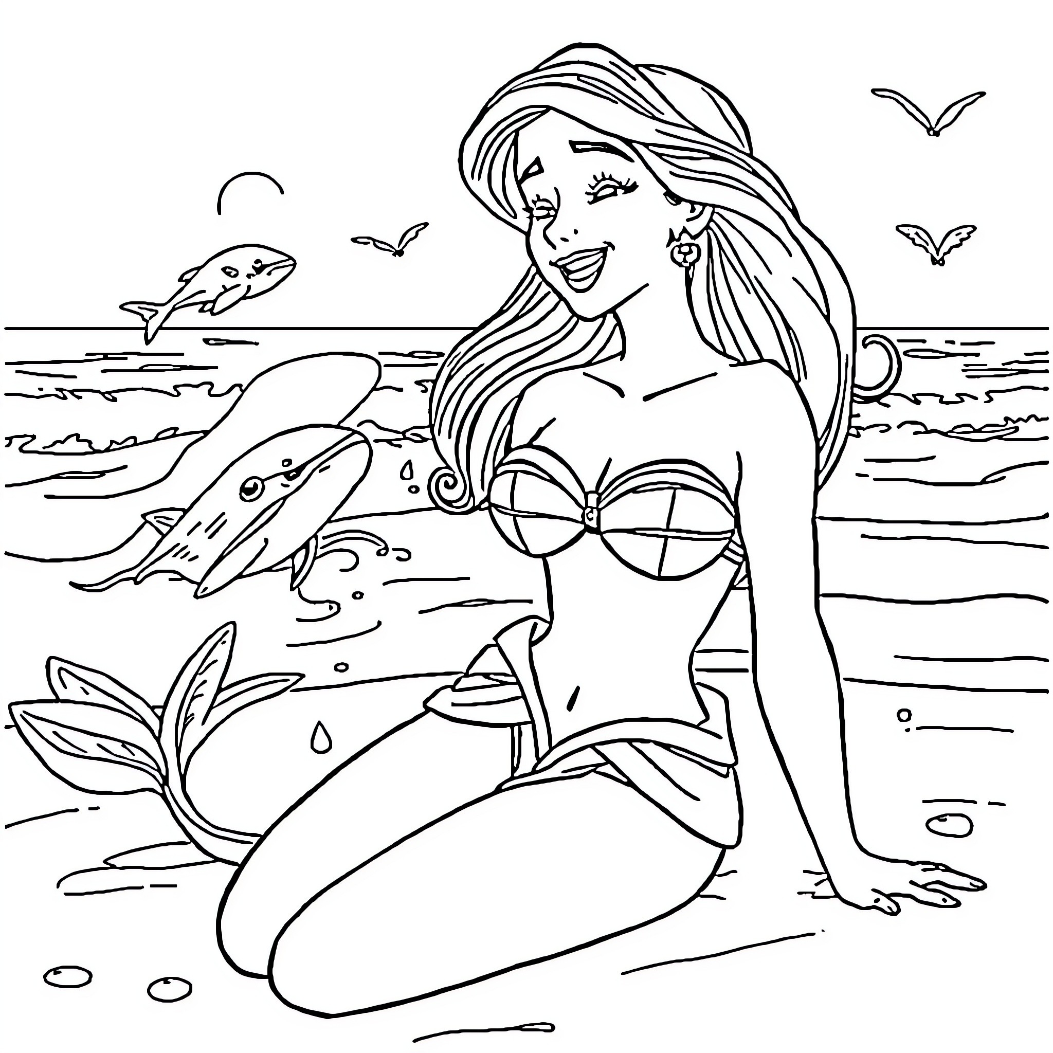 Yasmine's Mermaid Adventure by the Seashore Coloring Page (free black-and-white line drawing printable PDF for all, from beginners to advanced learners, including children, teens, adults, and seniors)