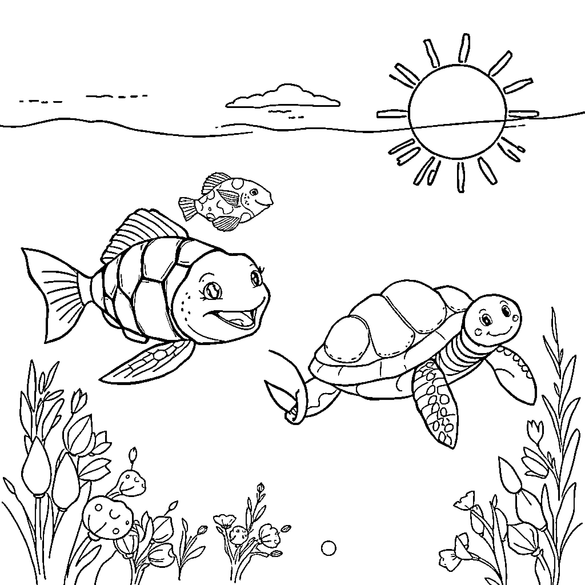 Fish swimming and exploring underwater scenery Coloring Page (free black-and-white line drawing printable PDF for all, from beginners to advanced learners, including children, teens, adults, and seniors)