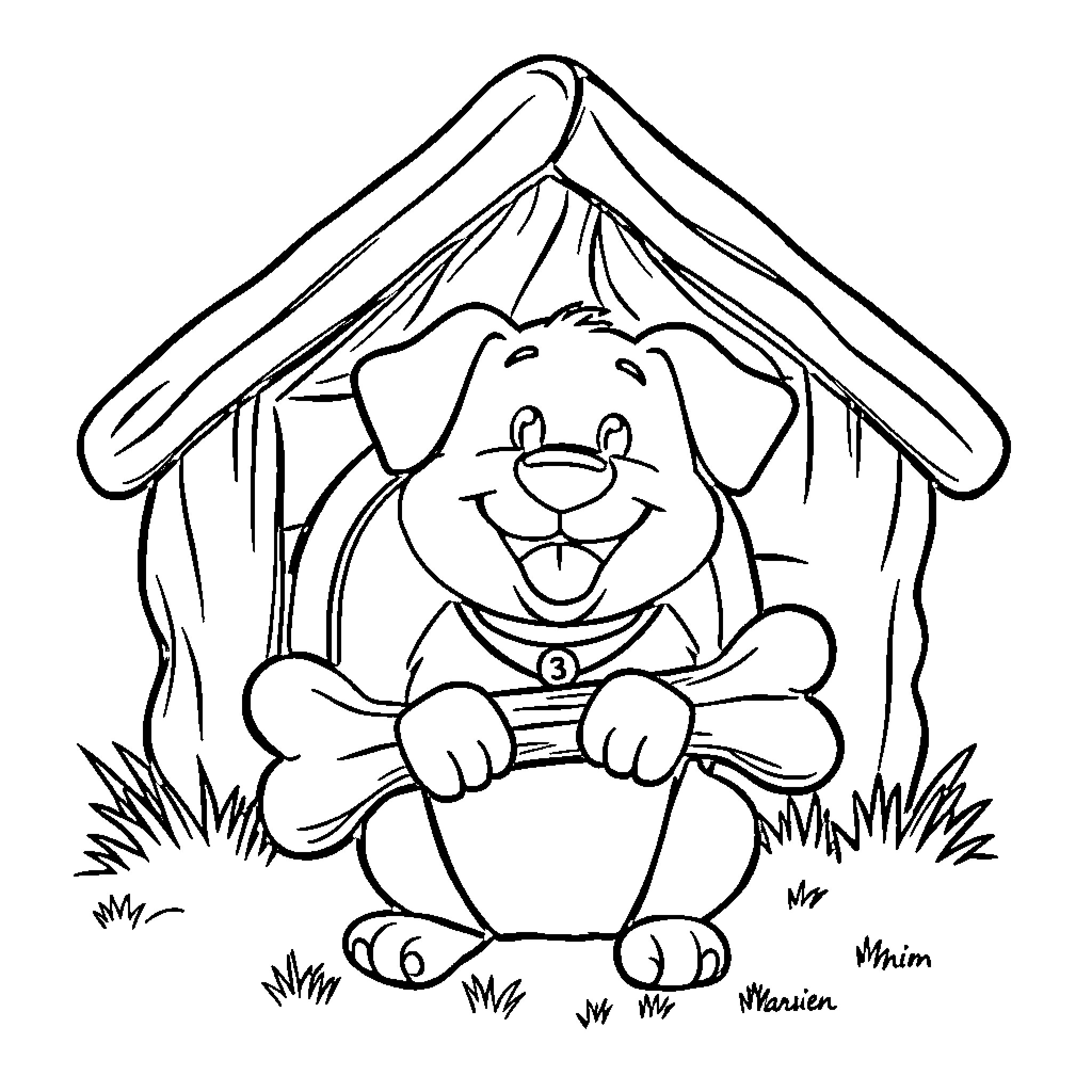 Dog happily playing with a bone in a doghouse Coloring Page (free black-and-white line drawing printable PDF for all, from beginners to advanced learners, including children, teens, adults, and seniors)